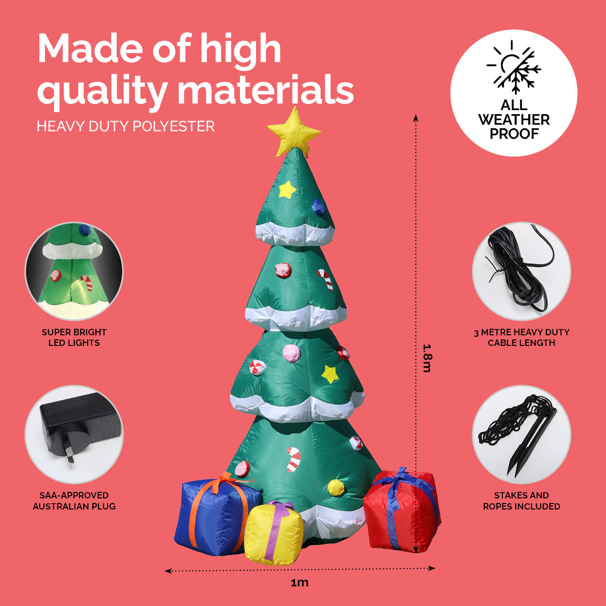 A vibrant 1.8m self-inflatable Christmas tree with LED lights and colorful gift boxes, perfect for outdoor festive decoration.