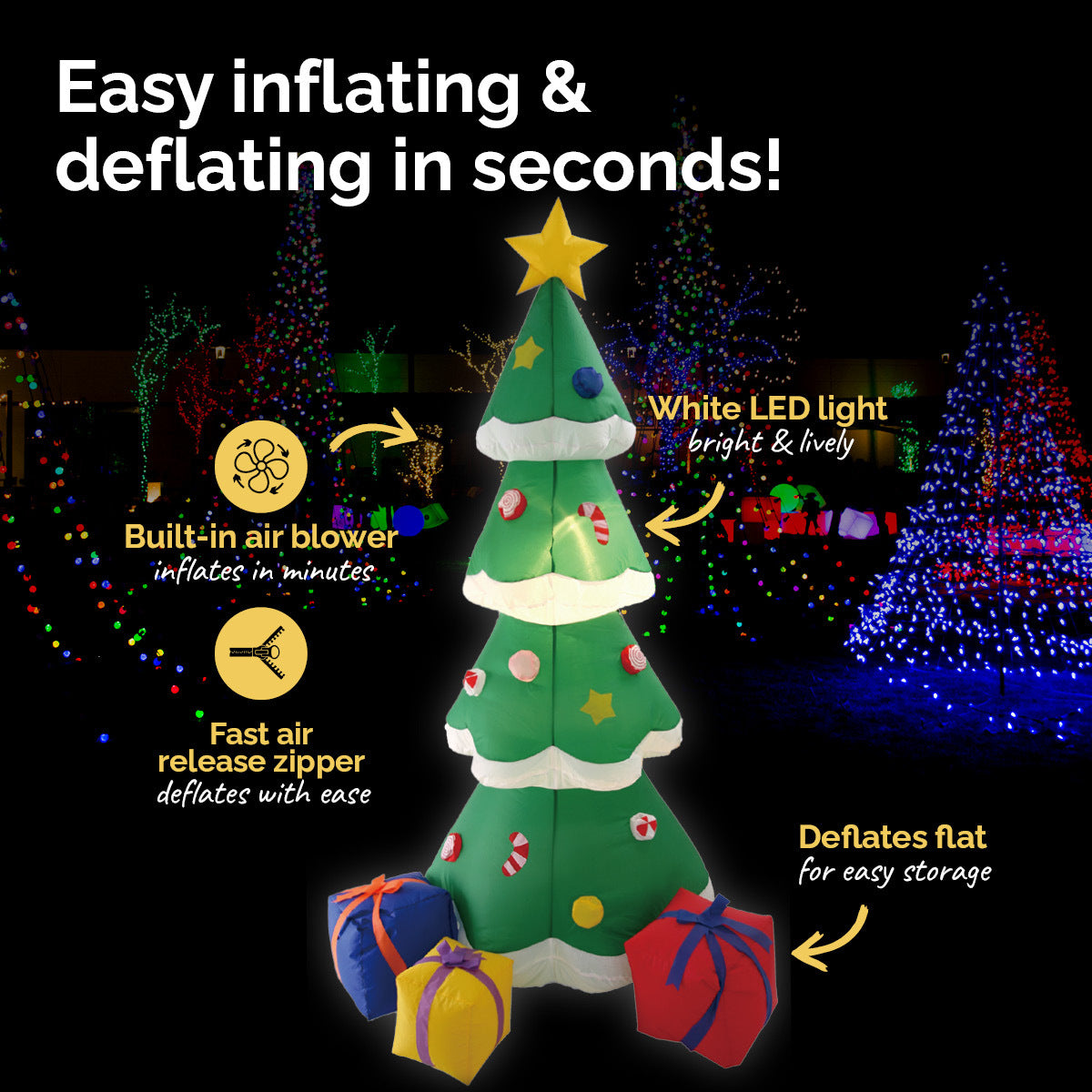 A vibrant 1.8m self-inflatable Christmas tree with LED lights and colorful gift boxes, perfect for outdoor festive decoration.