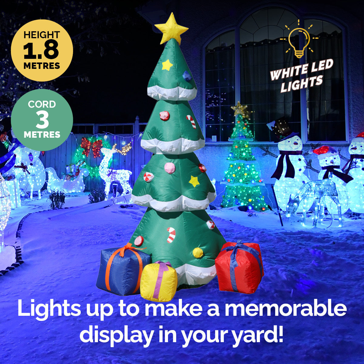 A vibrant 1.8m self-inflatable Christmas tree with LED lights and colorful gift boxes, perfect for outdoor festive decoration.