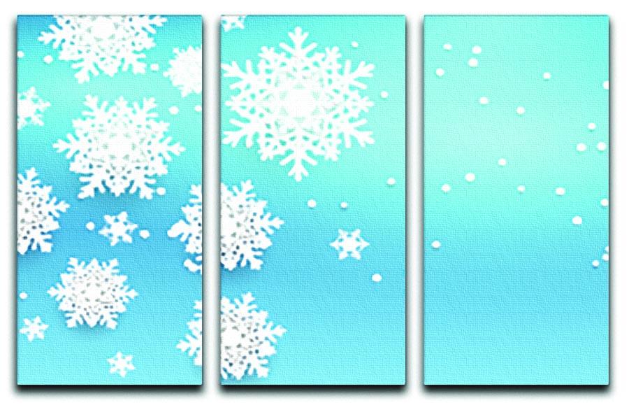 Three-panel canvas print featuring elegant blue snowflakes on a white background, perfect for Christmas decor.