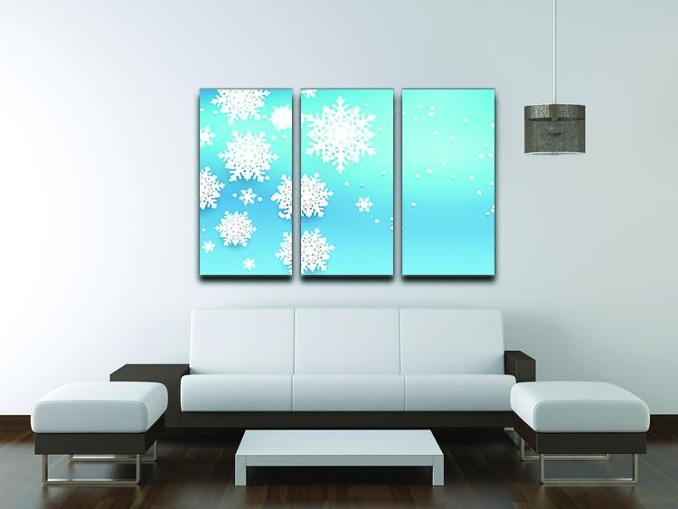 Three-panel canvas print featuring elegant blue snowflakes on a white background, perfect for Christmas decor.