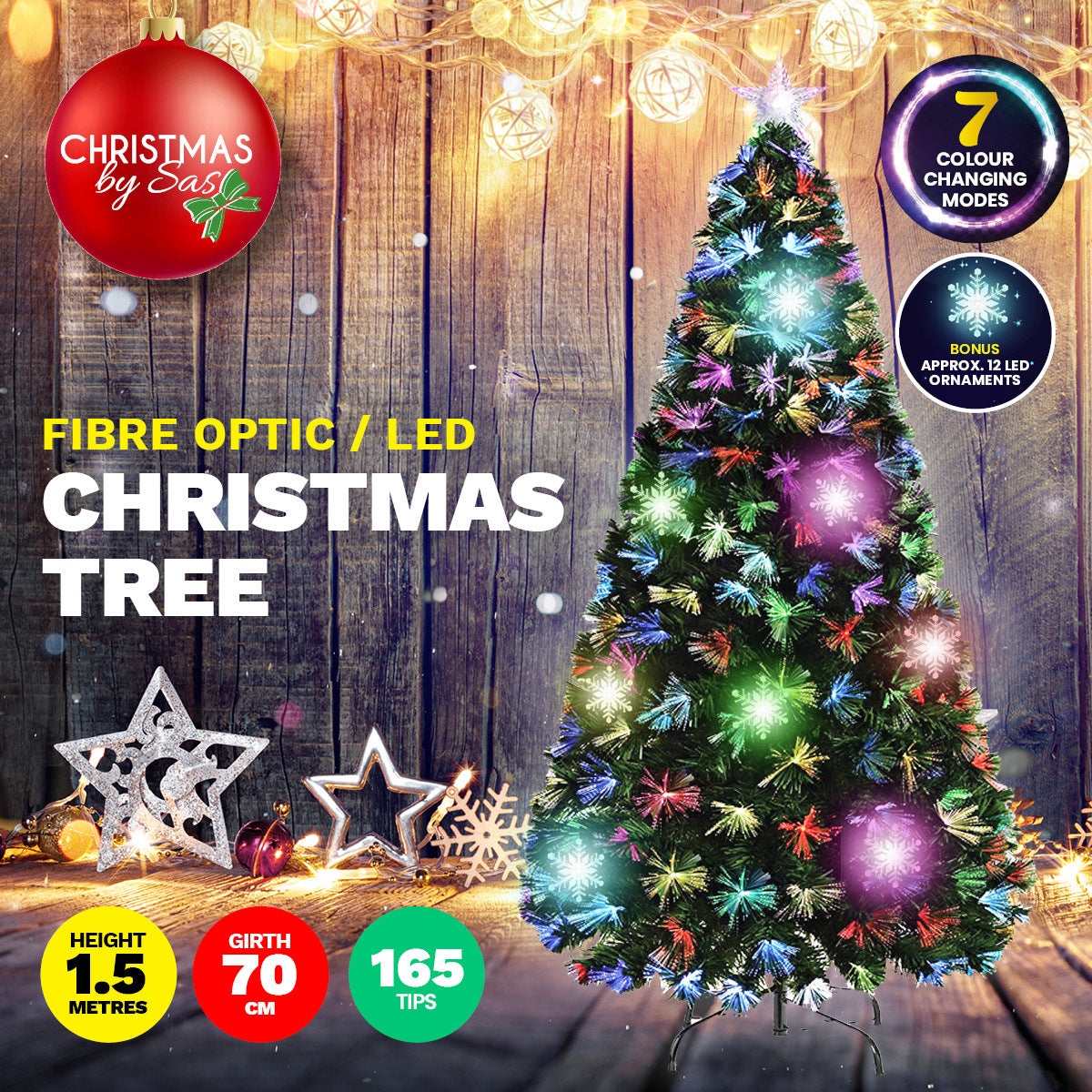 A beautifully lit 1.5m fibre optic Christmas tree with 165 green tips, featuring a colour changing star and snowflake ornaments, set on a sturdy metal stand.