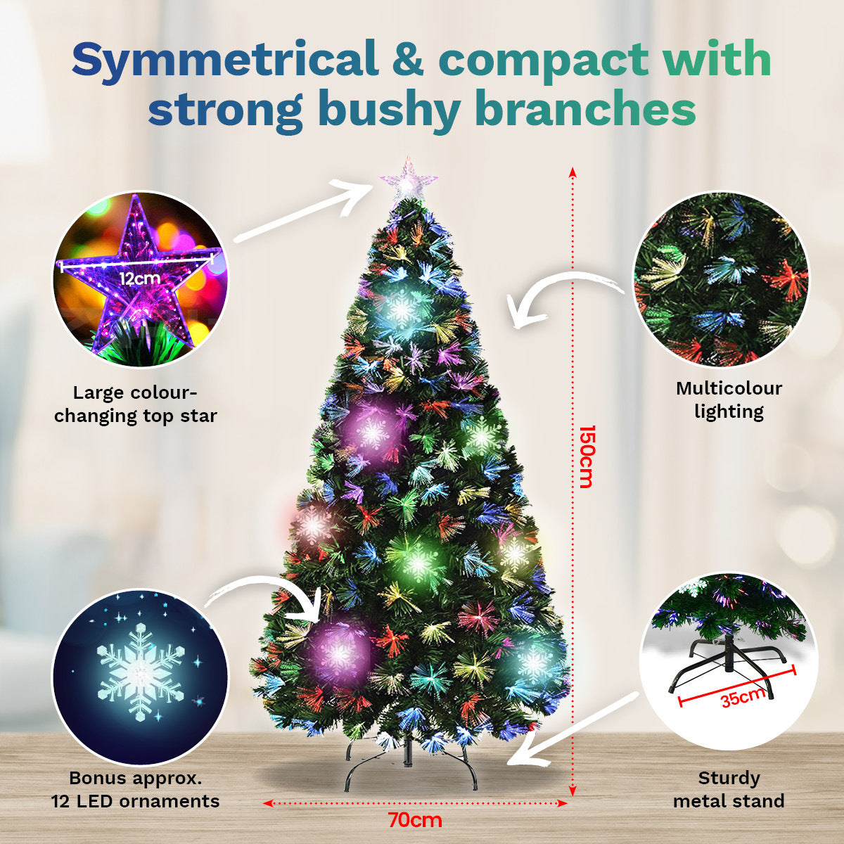 A beautifully lit 1.5m fibre optic Christmas tree with 165 green tips, featuring a colour changing star and snowflake ornaments, set on a sturdy metal stand.