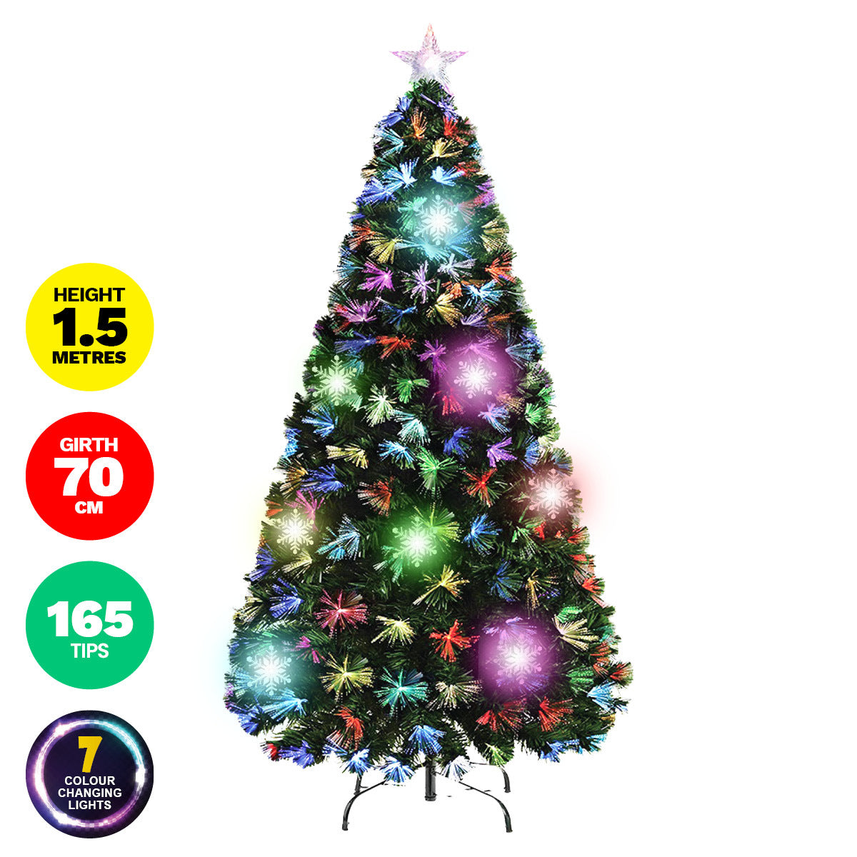 A beautifully lit 1.5m fibre optic Christmas tree with 165 green tips, featuring a colour changing star and snowflake ornaments, set on a sturdy metal stand.