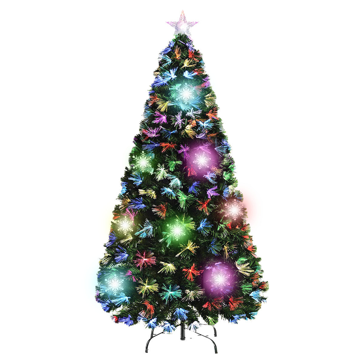 A beautifully lit 1.5m fibre optic Christmas tree with 165 green tips, featuring a colour changing star and snowflake ornaments, set on a sturdy metal stand.