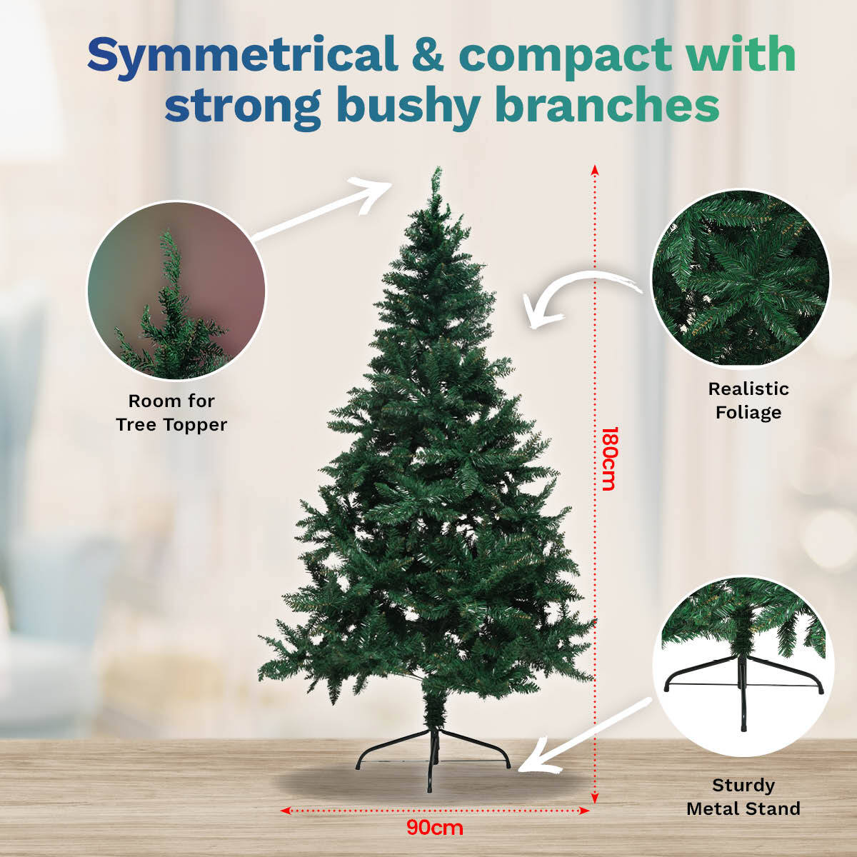 1.8m Full Figured Pine Tree with realistic green foliage and 800 tips, displayed with a sturdy metal stand, perfect for Christmas decorations.