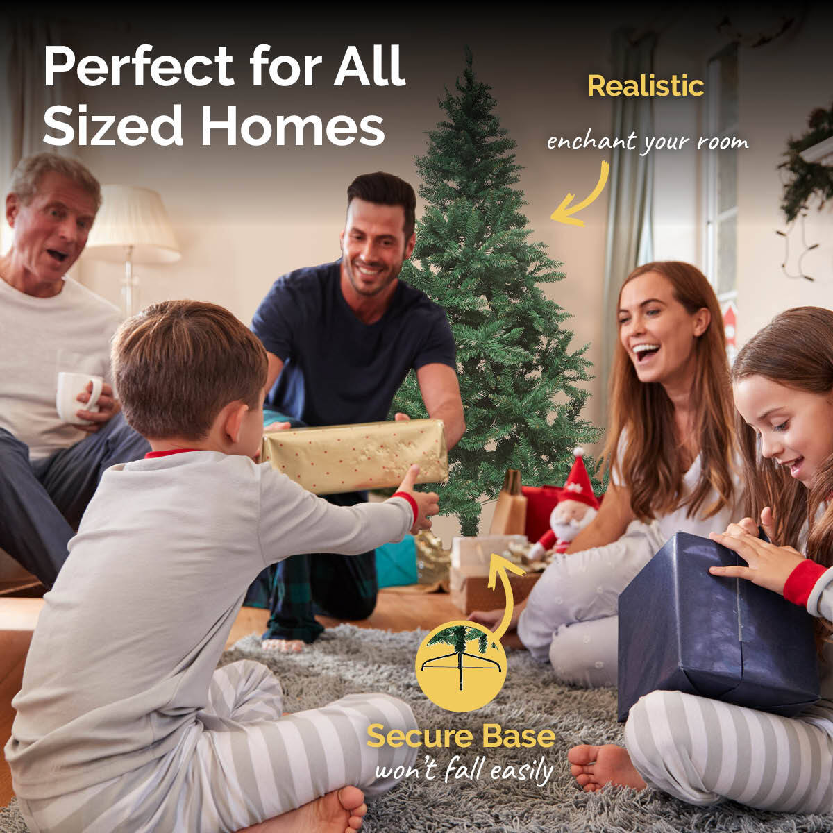 1.8m Full Figured Pine Tree with realistic green foliage and 800 tips, displayed with a sturdy metal stand, perfect for Christmas decorations.