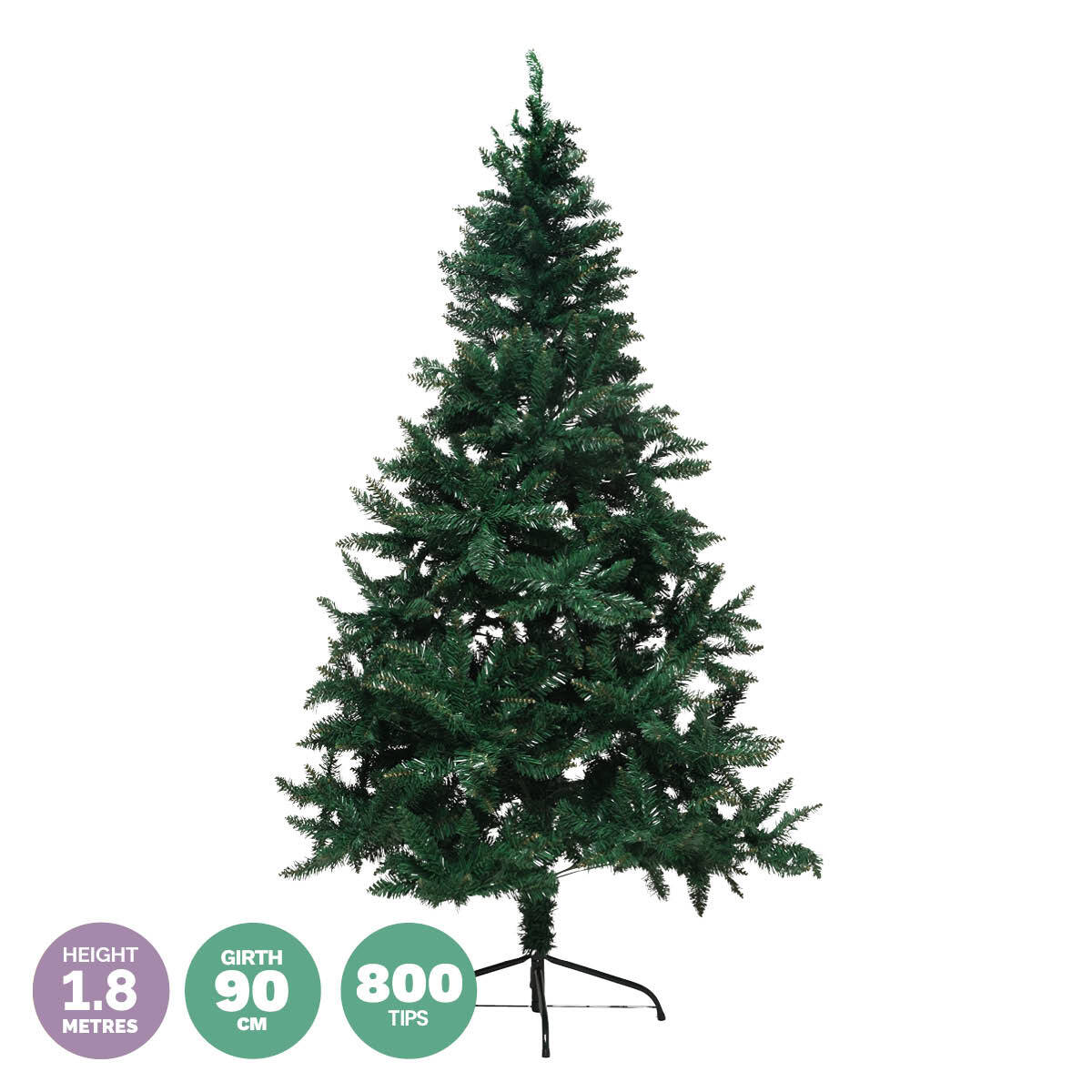1.8m Full Figured Pine Tree with realistic green foliage and 800 tips, displayed with a sturdy metal stand, perfect for Christmas decorations.