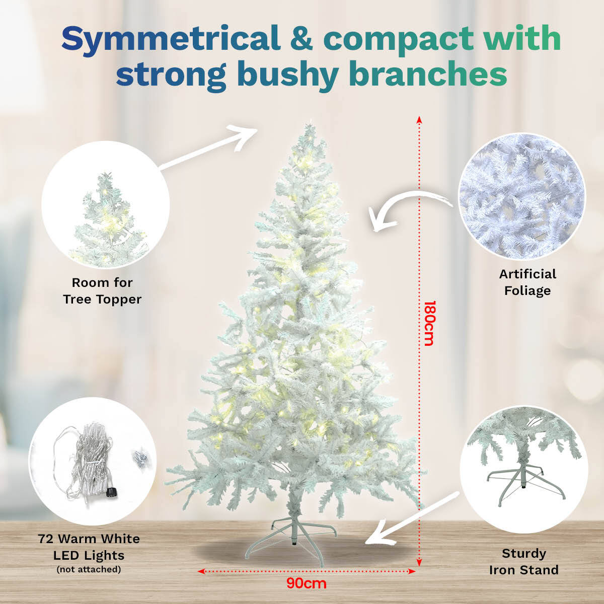 A beautifully decorated 1.8m tall white pine Christmas tree with 72 warm white LED lights, showcasing its lush foliage and festive charm.