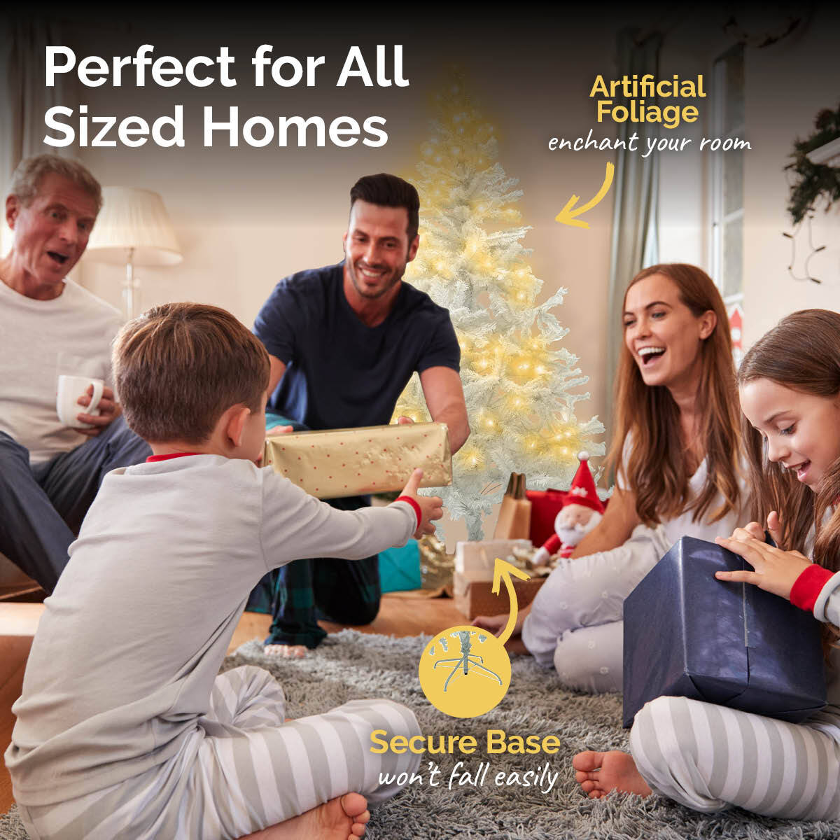 A beautifully decorated 1.8m tall white pine Christmas tree with 72 warm white LED lights, showcasing its lush foliage and festive charm.