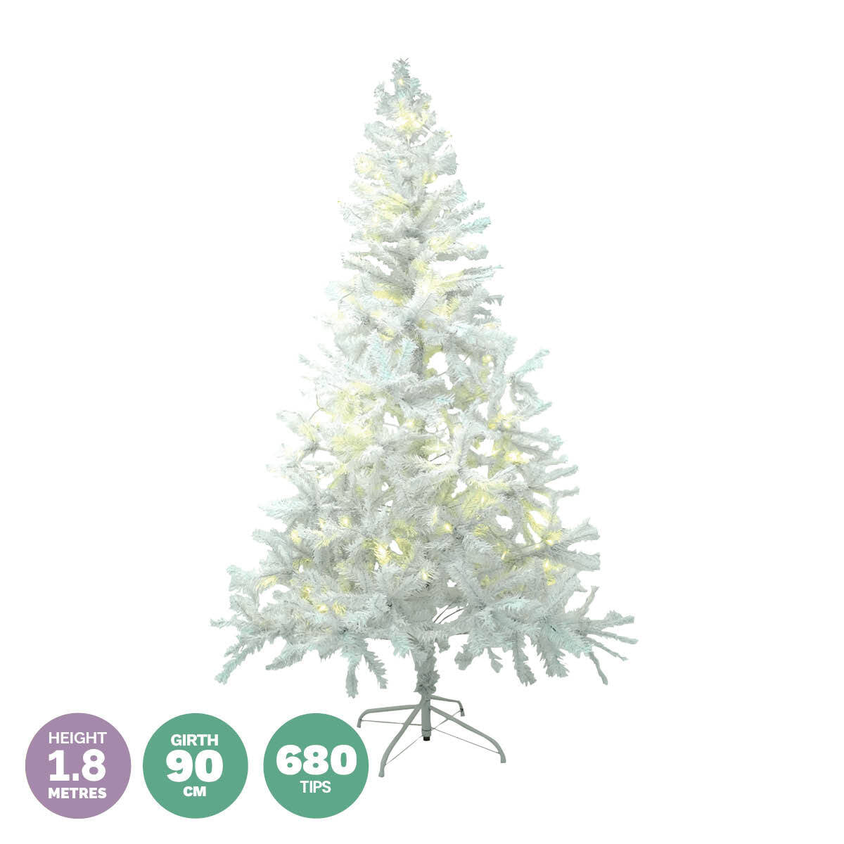 A beautifully decorated 1.8m tall white pine Christmas tree with 72 warm white LED lights, showcasing its lush foliage and festive charm.