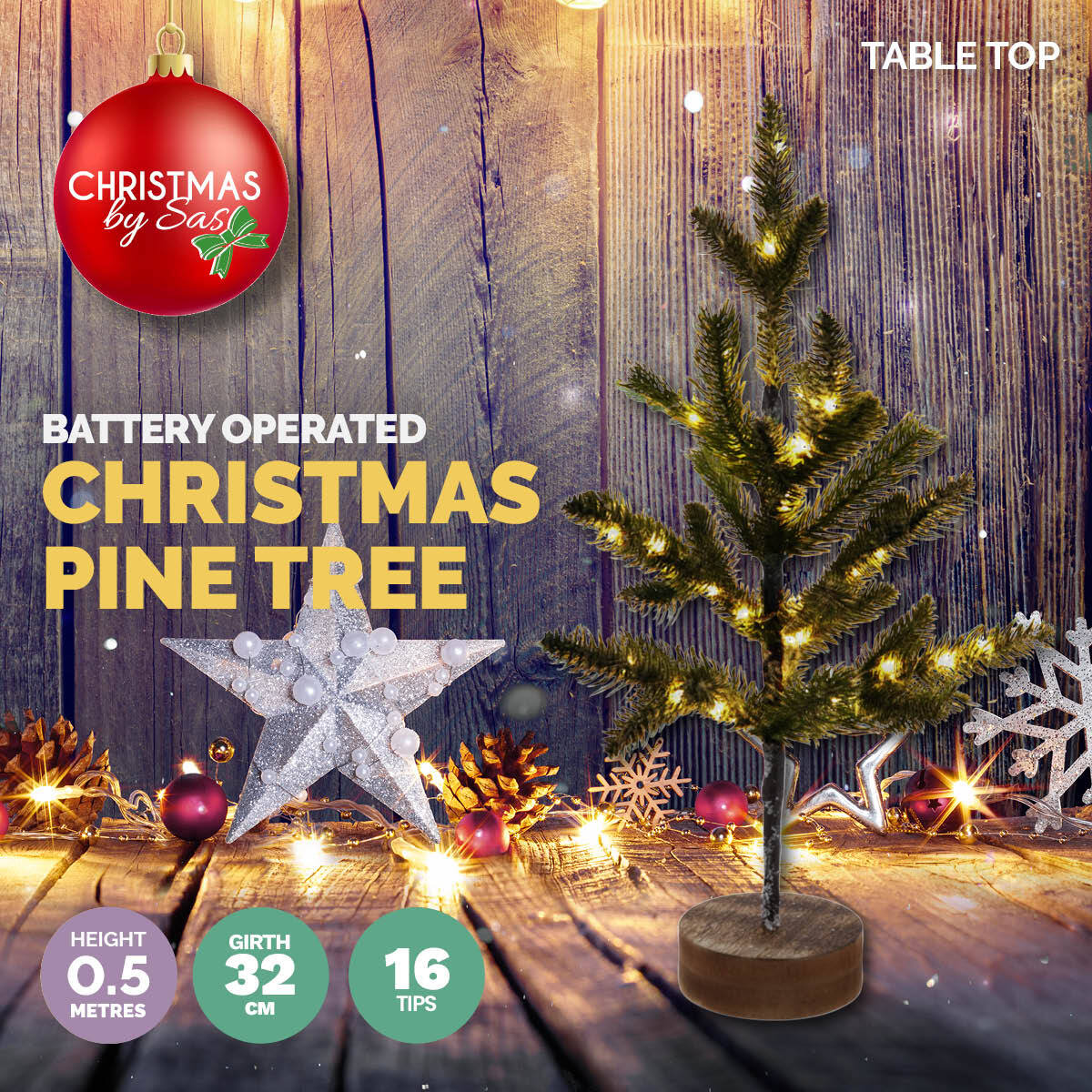 50cm Table Top Christmas Tree with warm white LED lights and sturdy wooden base, decorated with miniature ornaments.