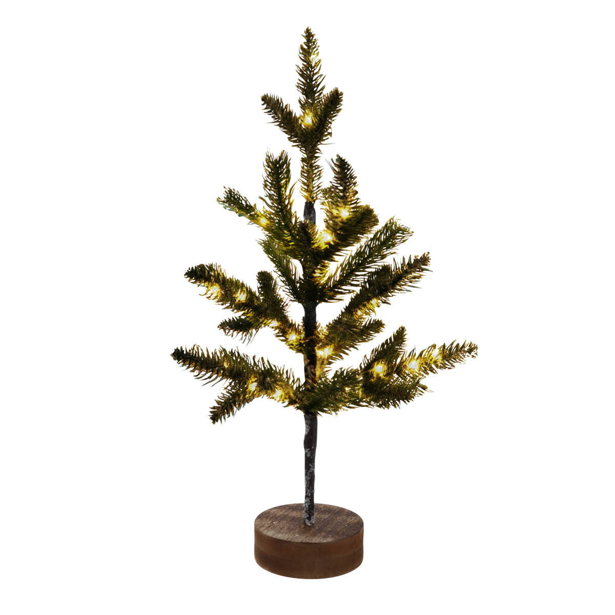 50cm Table Top Christmas Tree with warm white LED lights and sturdy wooden base, decorated with miniature ornaments.