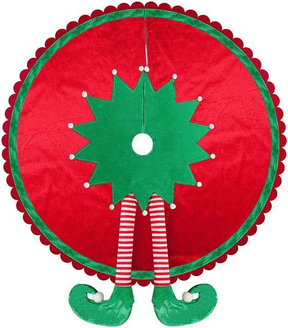 Christmas elf feet tree skirt featuring a whimsical design, perfect for holiday decorations under the Christmas tree.