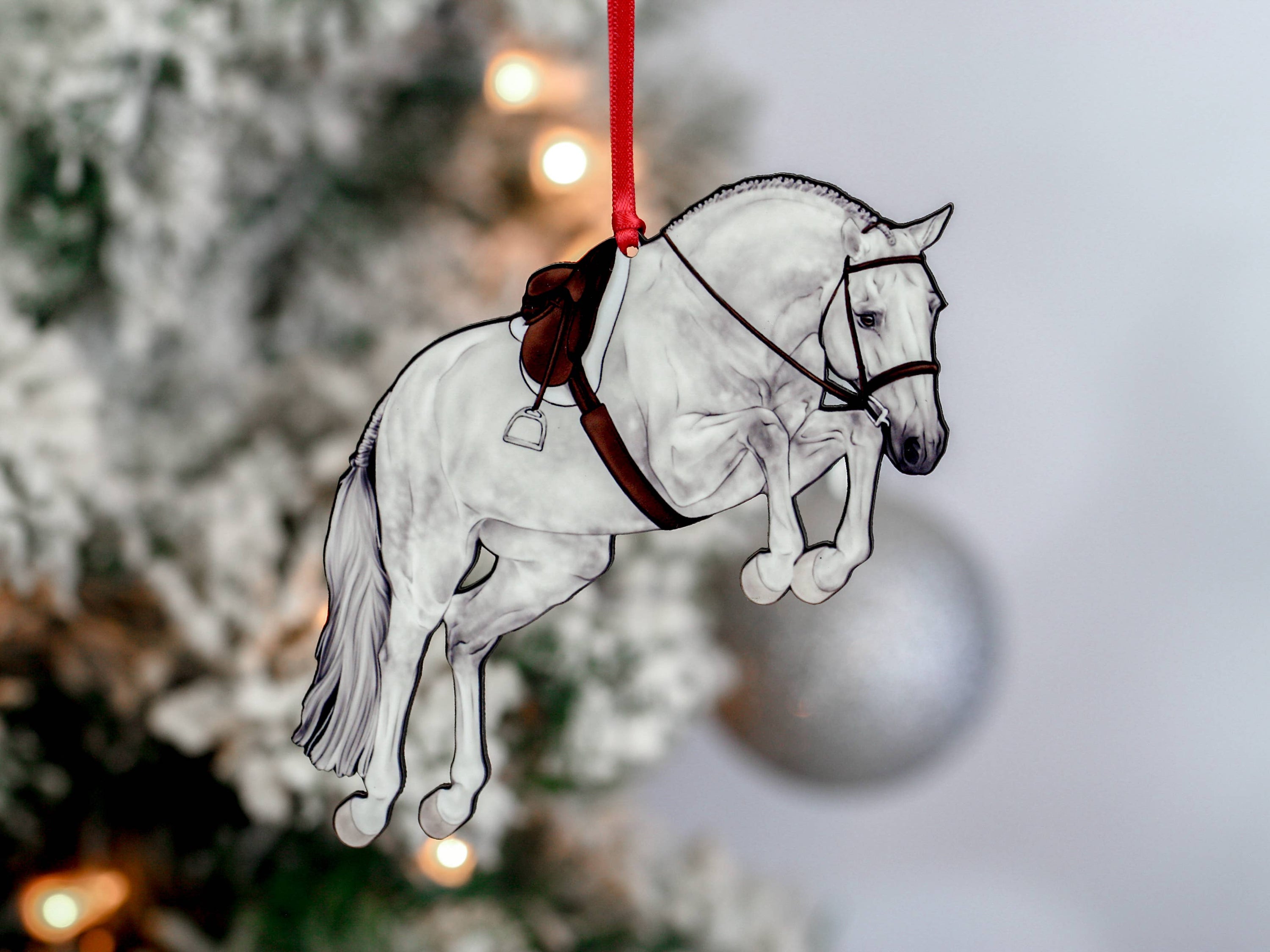 Gray Hunter Jumper Horse Ornament, handmade from composite wood, featuring a glossy finish and a ribbon for hanging.