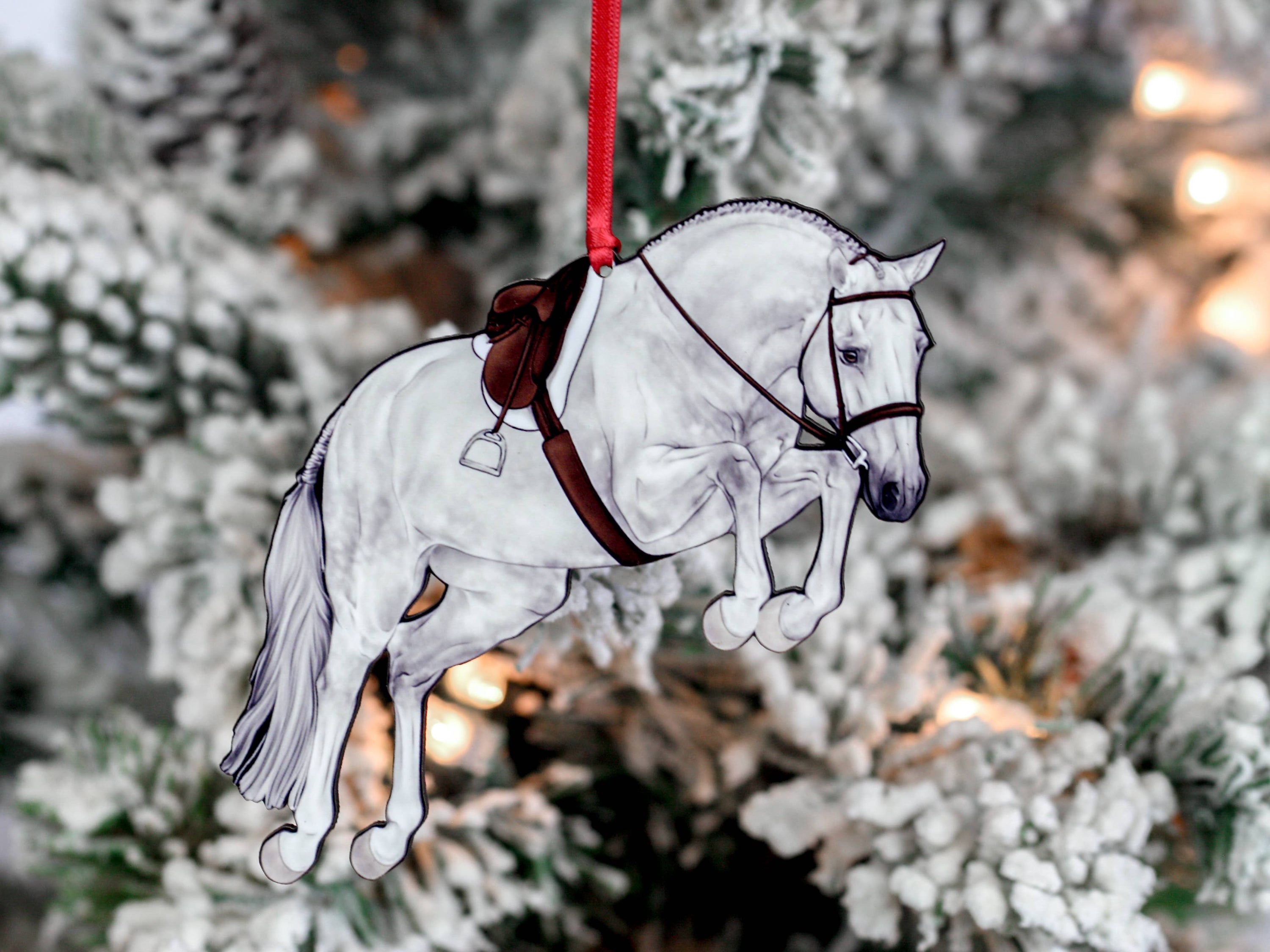 Gray Hunter Jumper Horse Ornament, handmade from composite wood, featuring a glossy finish and a ribbon for hanging.
