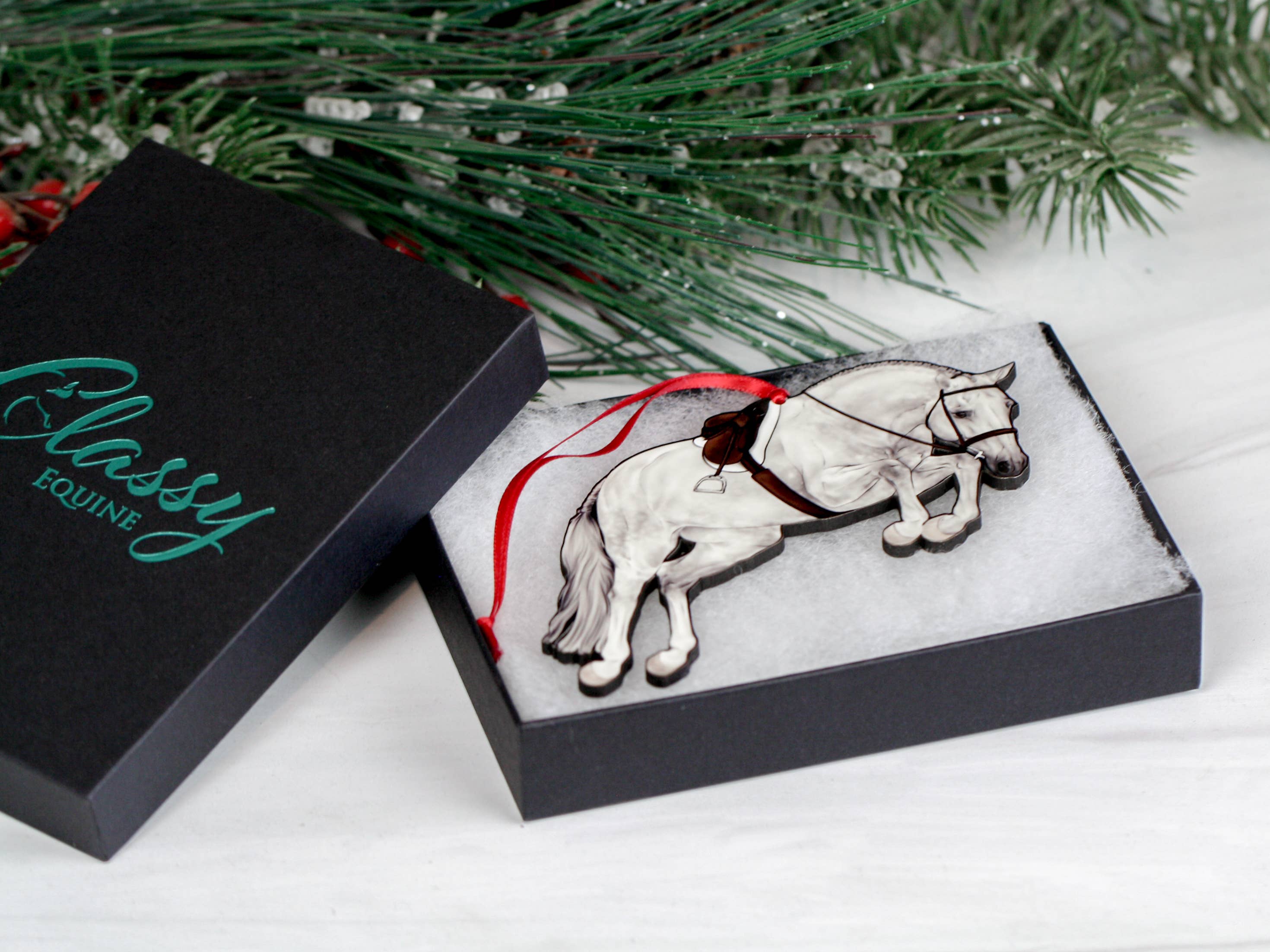 Gray Hunter Jumper Horse Ornament, handmade from composite wood, featuring a glossy finish and a ribbon for hanging.