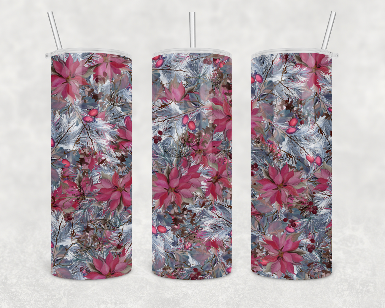 A festive 20oz skinny tumbler featuring Christmas flowers design, stainless steel construction, and a clear sliding lid with a straw.