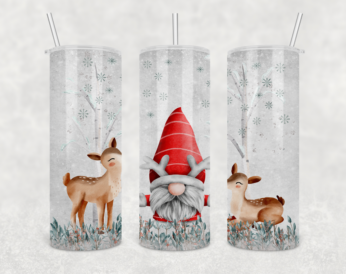 A festive 20oz skinny tumbler featuring a Christmas gnome and deer design, made of stainless steel with a powder-coated finish.