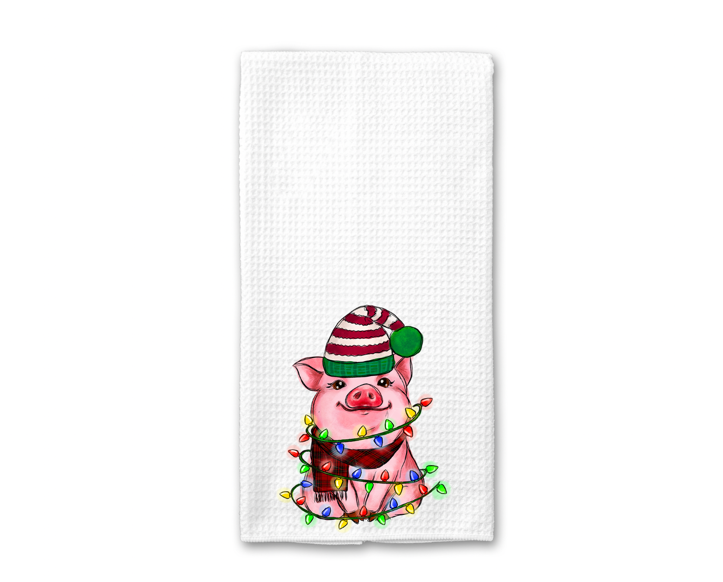A festive Christmas Pig Kitchen Towel featuring a cute pig design, made of absorbent microfiber, perfect for holiday cooking and decoration.