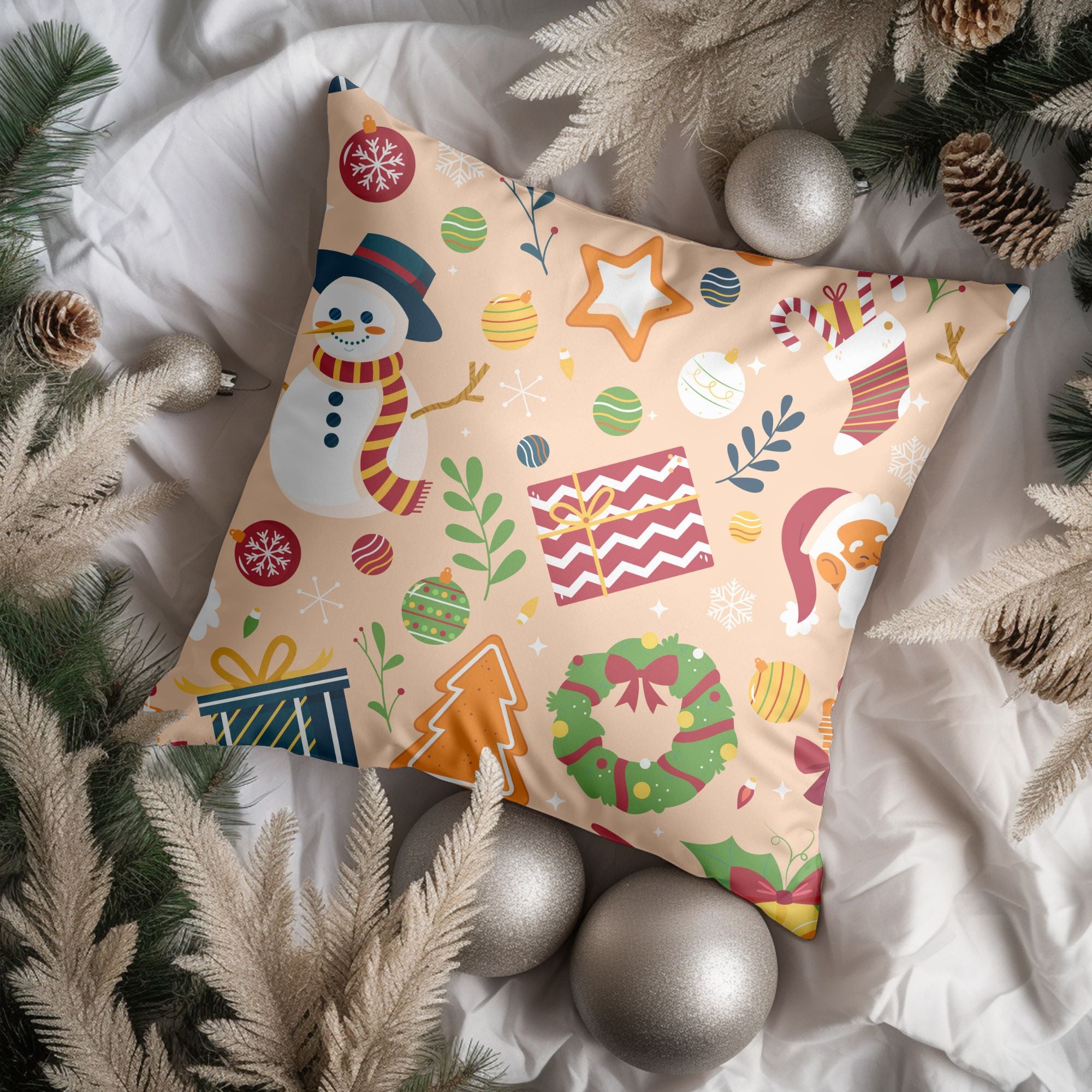 A cozy Christmas plaid throw pillow featuring vibrant colors and a festive design, perfect for holiday decor.