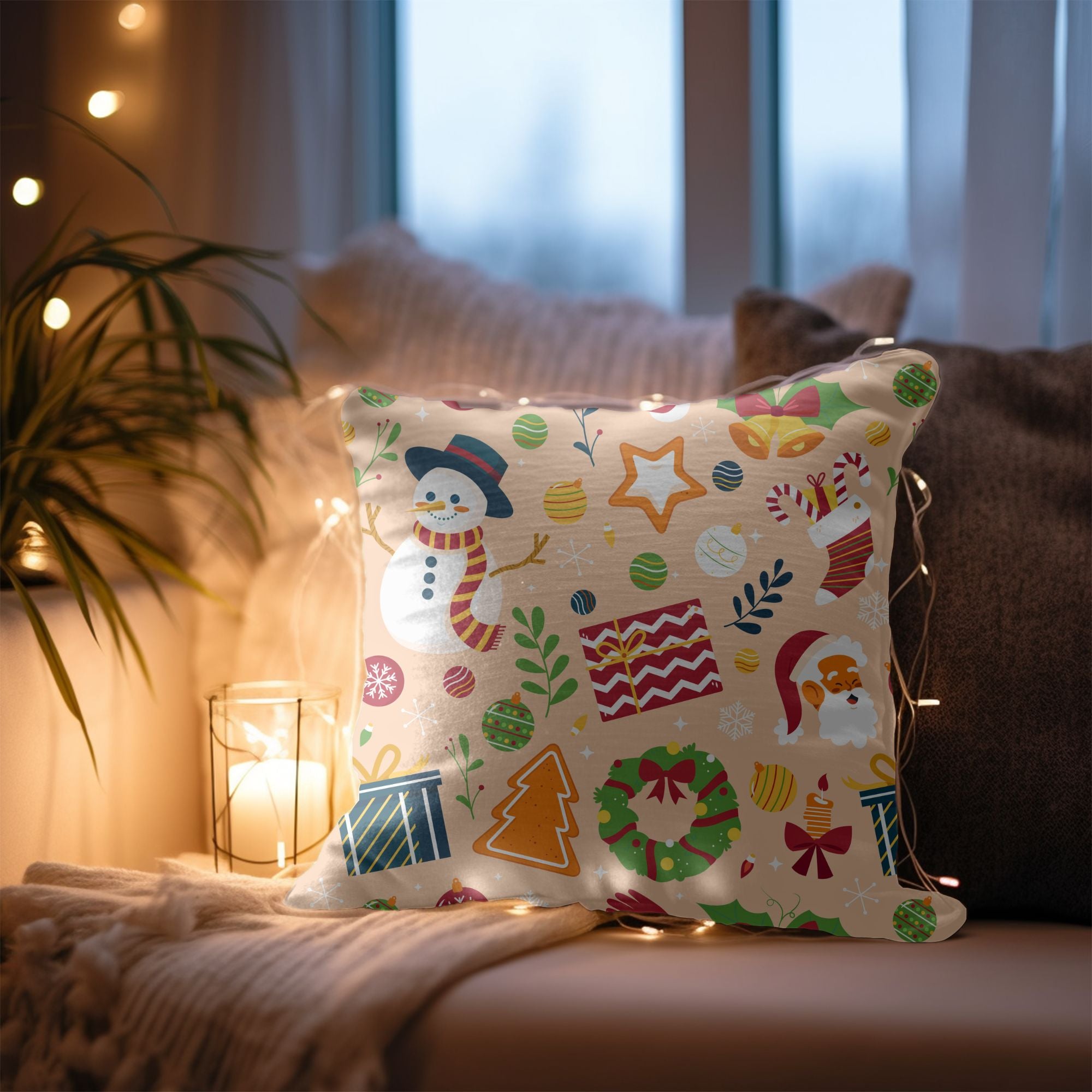 A cozy Christmas plaid throw pillow featuring vibrant colors and a festive design, perfect for holiday decor.