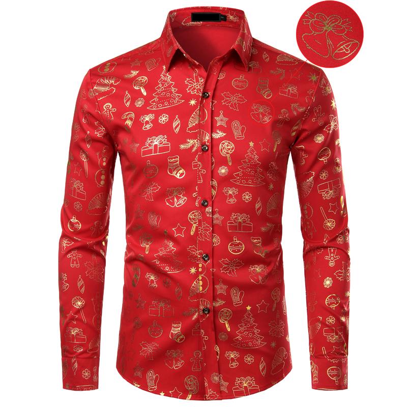 Spocket | Dropship | Christmas Shirt Male Funny Xmas Gift Gold Print Mens  Dress Shirts