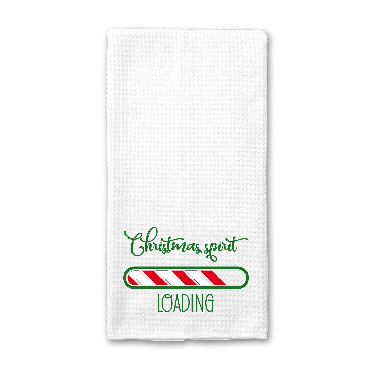 Christmas Spirit Loading Kitchen Towel in festive design, made of absorbent microfiber, perfect for kitchen use.