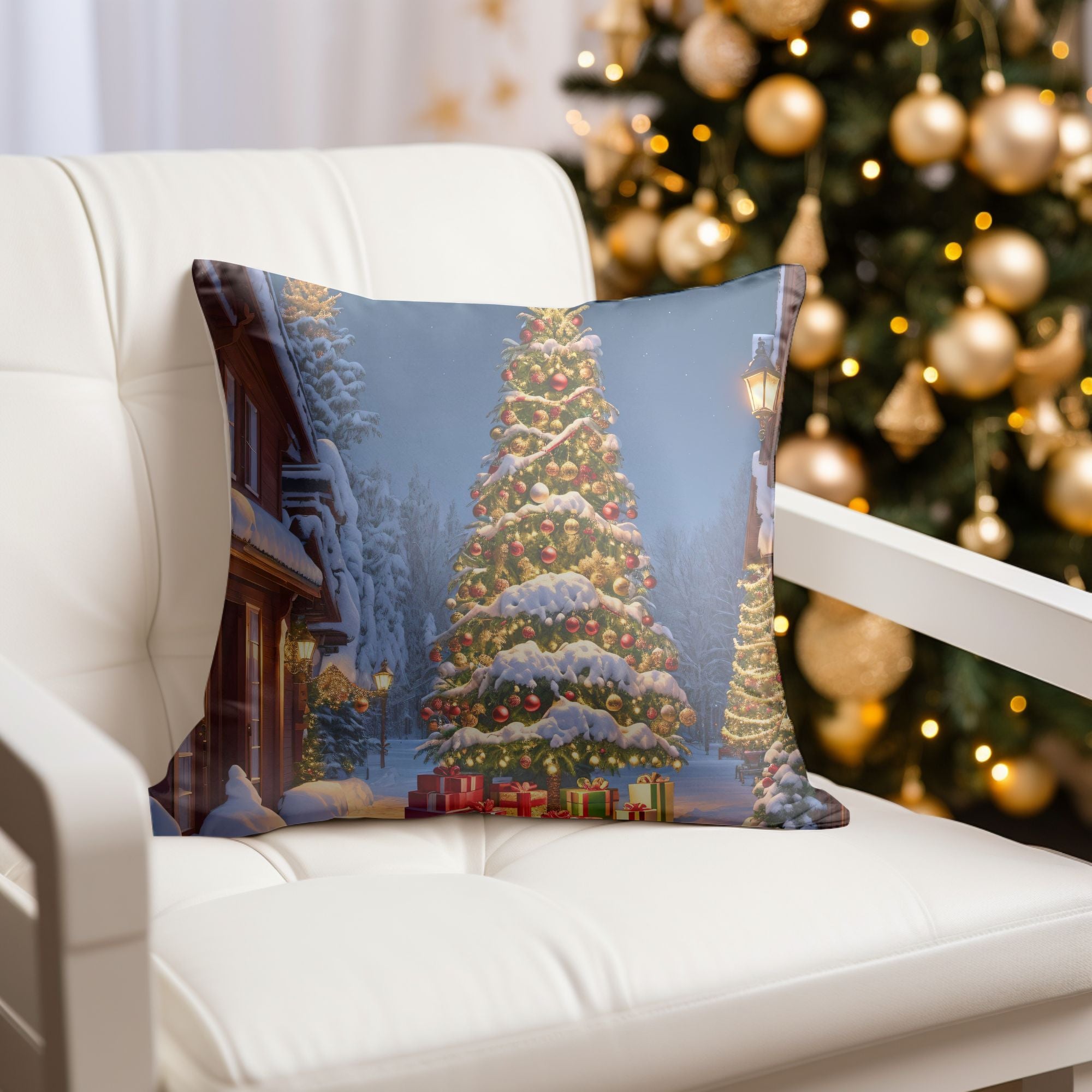 A festive Christmas Tree throw pillow featuring a detailed tree pattern on a white background, perfect for holiday decor.