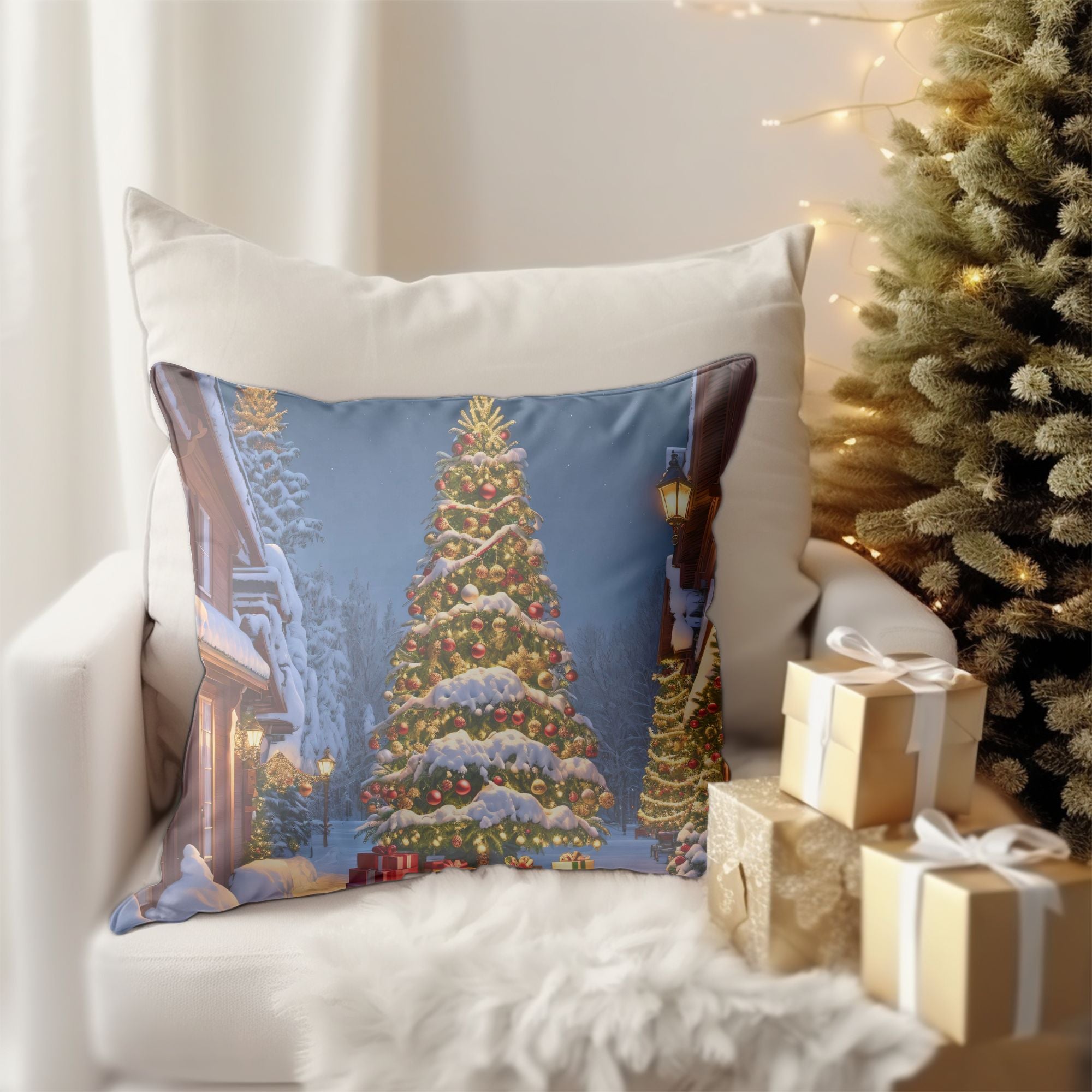 A festive Christmas Tree throw pillow featuring a detailed tree pattern on a white background, perfect for holiday decor.