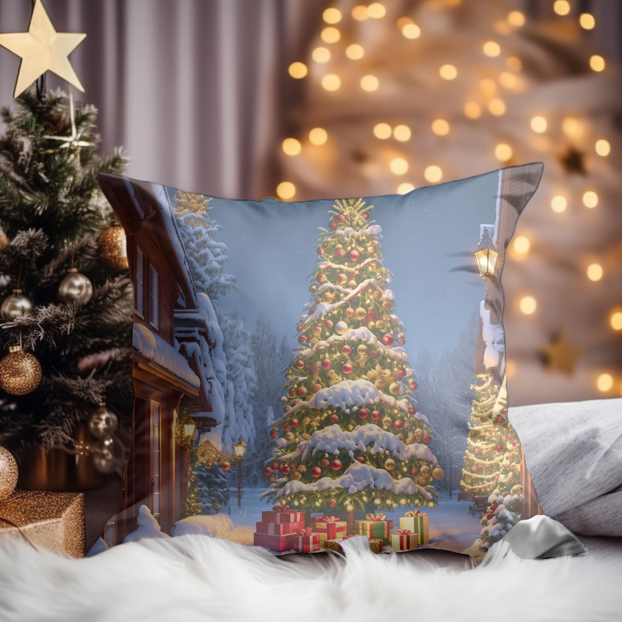 A festive Christmas Tree throw pillow featuring a detailed tree pattern on a white background, perfect for holiday decor.