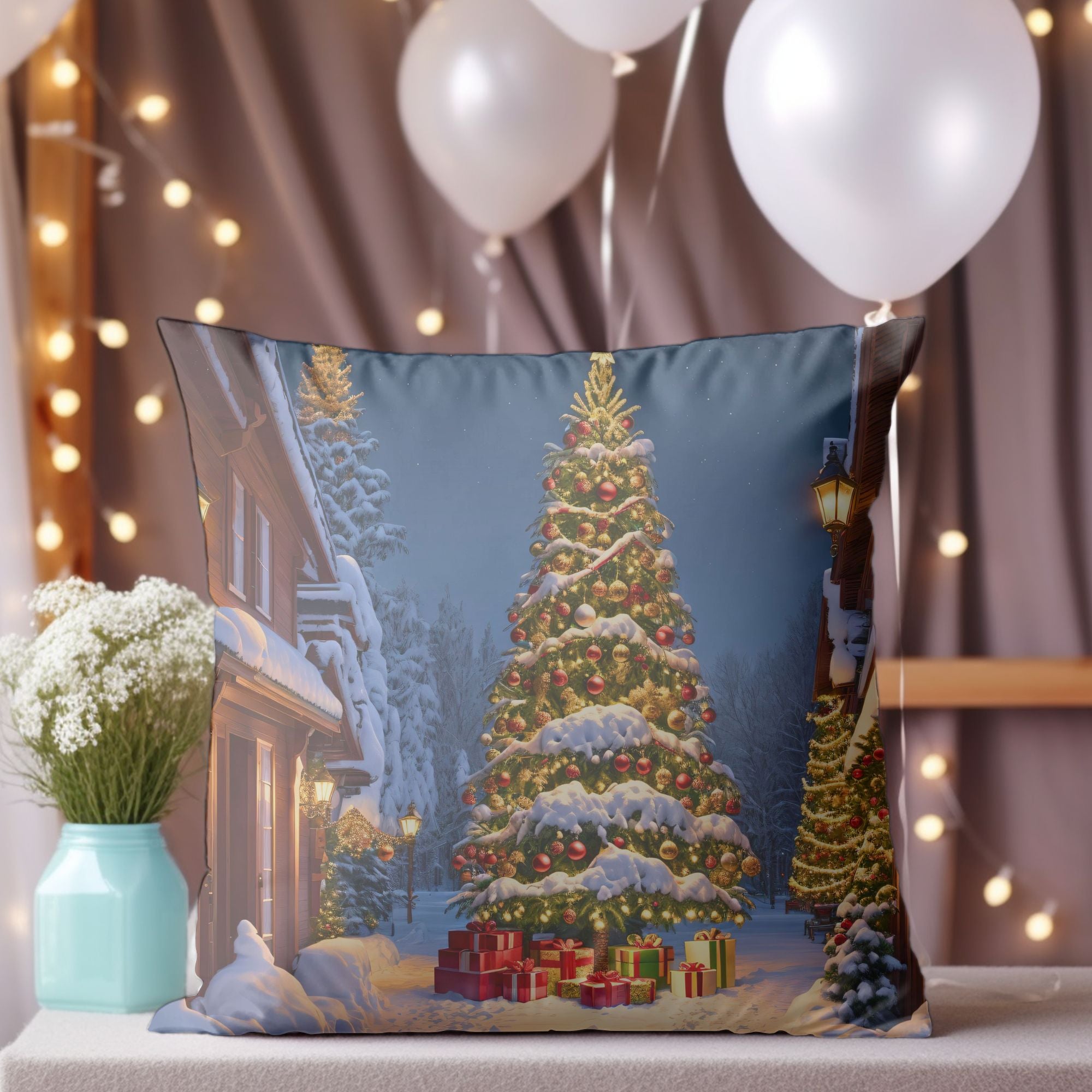 A festive Christmas Tree throw pillow featuring a detailed tree pattern on a white background, perfect for holiday decor.