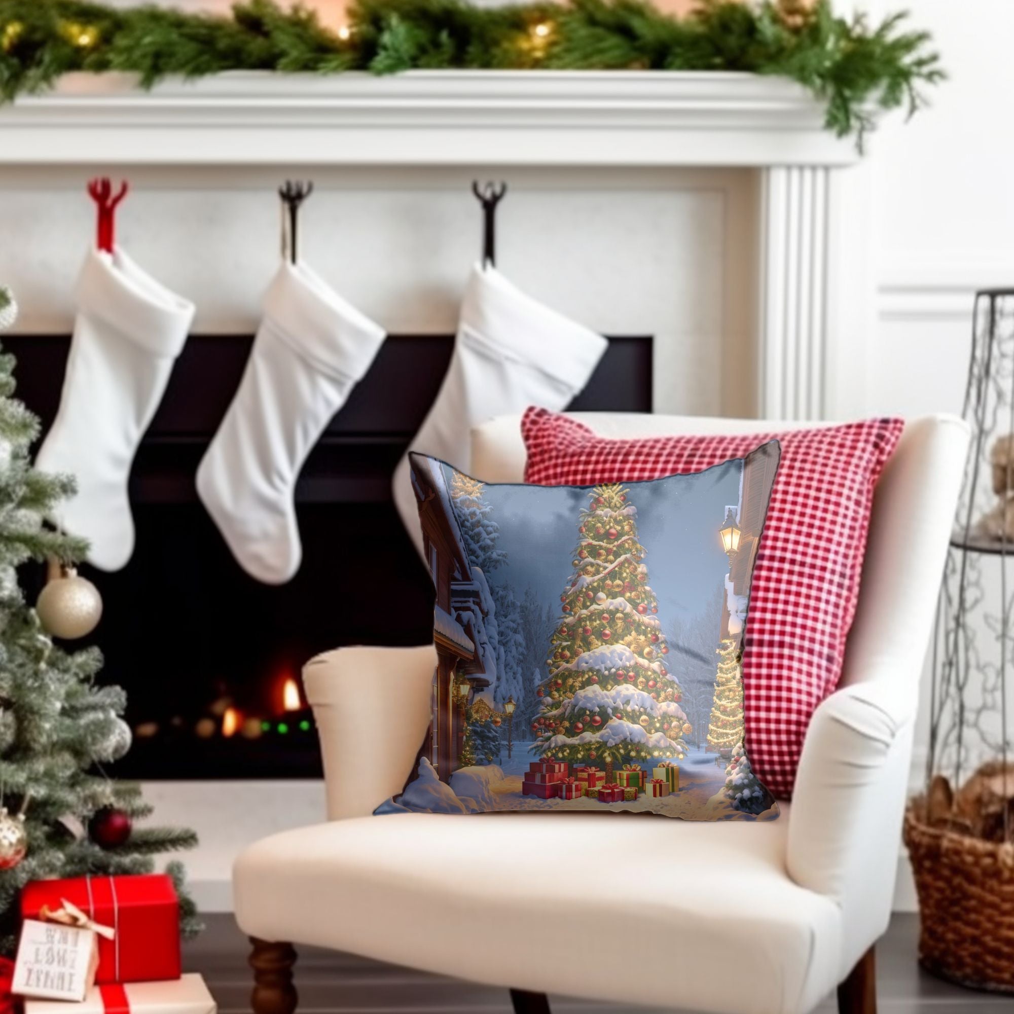A festive Christmas Tree throw pillow featuring a detailed tree pattern on a white background, perfect for holiday decor.