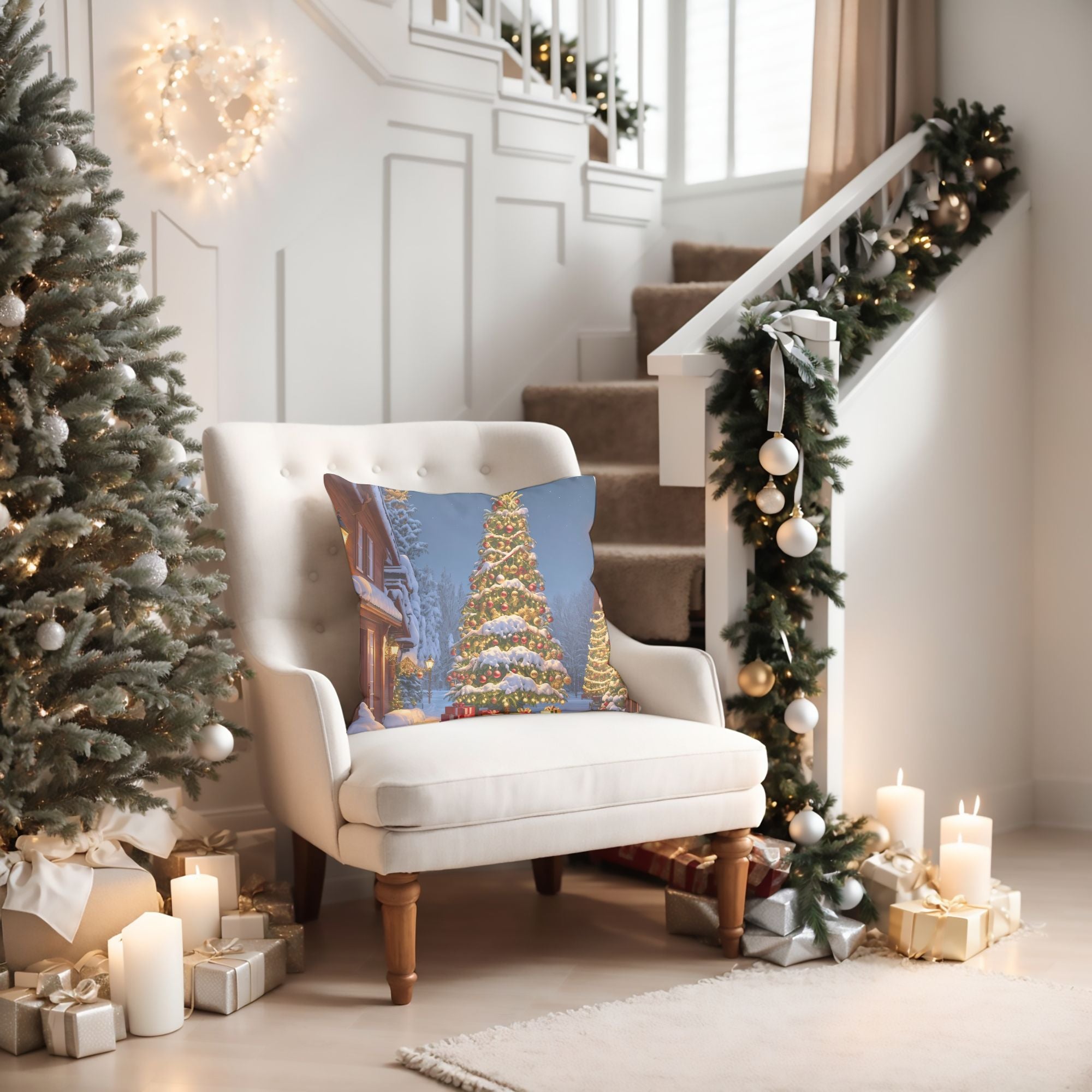 A festive Christmas Tree throw pillow featuring a detailed tree pattern on a white background, perfect for holiday decor.