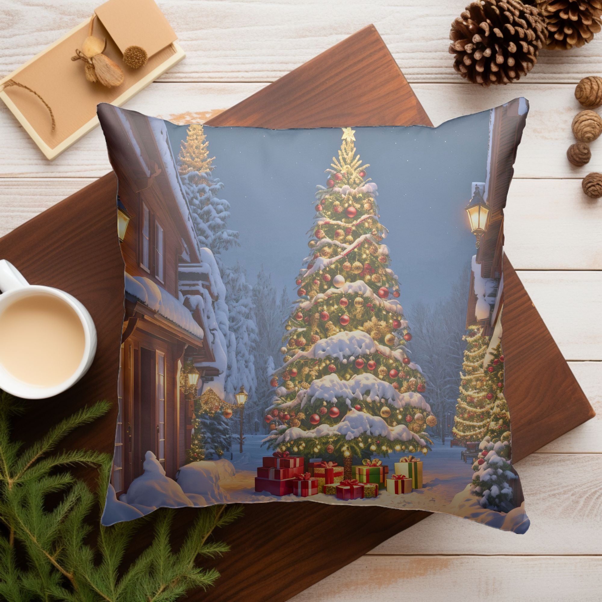 A festive Christmas Tree throw pillow featuring a detailed tree pattern on a white background, perfect for holiday decor.