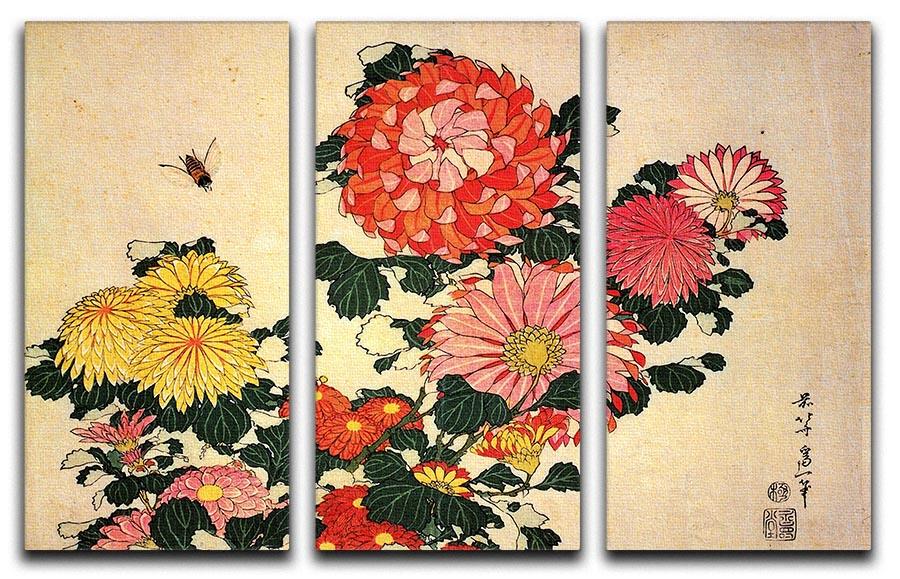 Chrysanthemum and bee by Hokusai 3-panel canvas print showcasing vibrant colors and intricate details.
