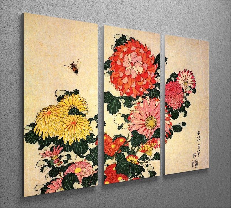 Chrysanthemum and bee by Hokusai 3-panel canvas print showcasing vibrant colors and intricate details.