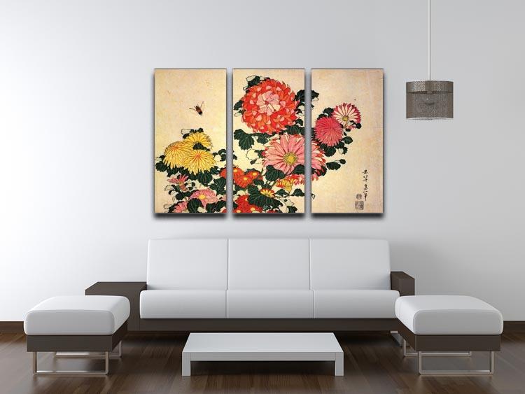 Chrysanthemum and bee by Hokusai 3-panel canvas print showcasing vibrant colors and intricate details.