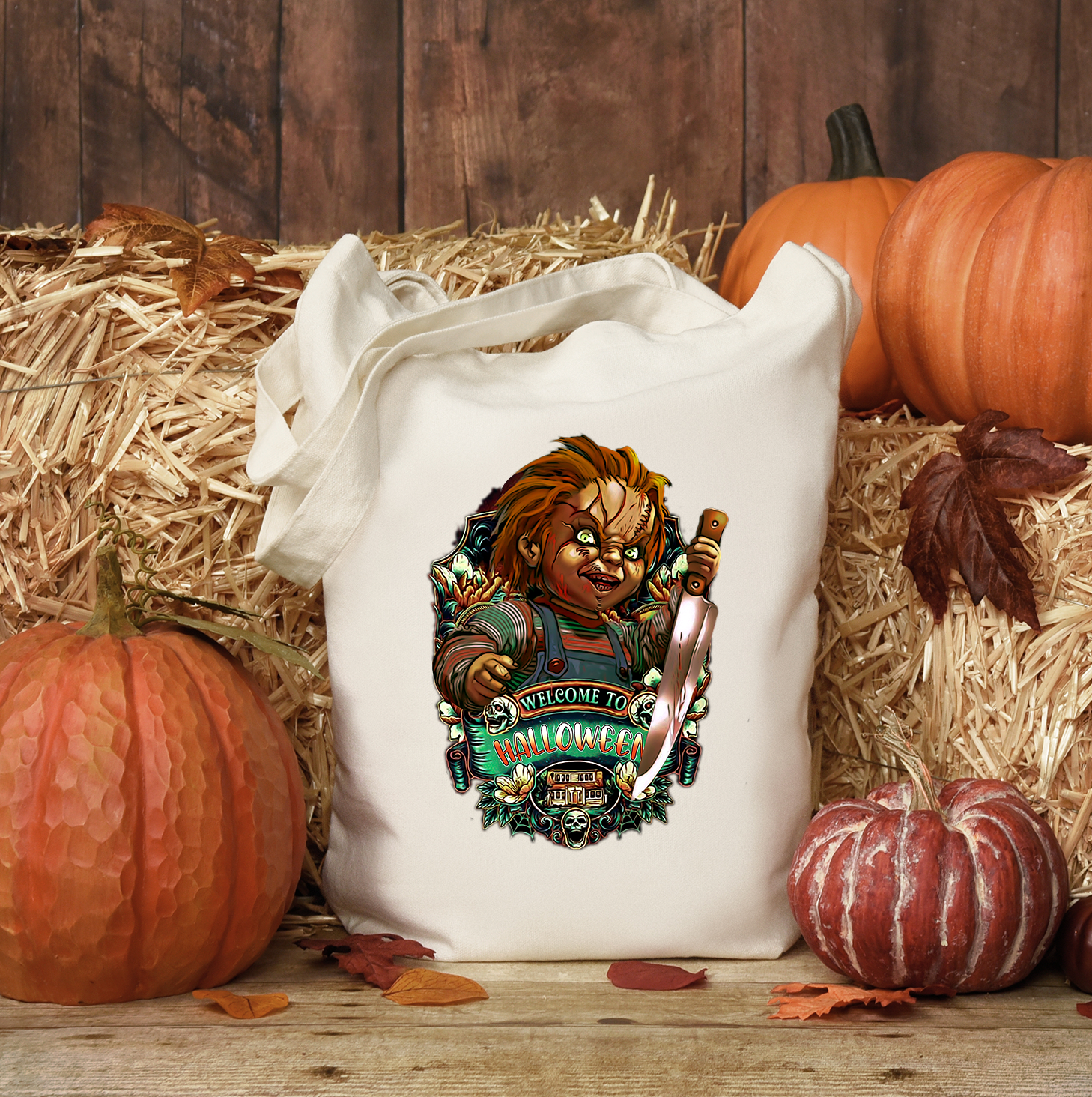 Chucky Welcome to Halloween Tote Bag featuring a spooky design, durable polyester canvas, and comfortable cotton web handles.