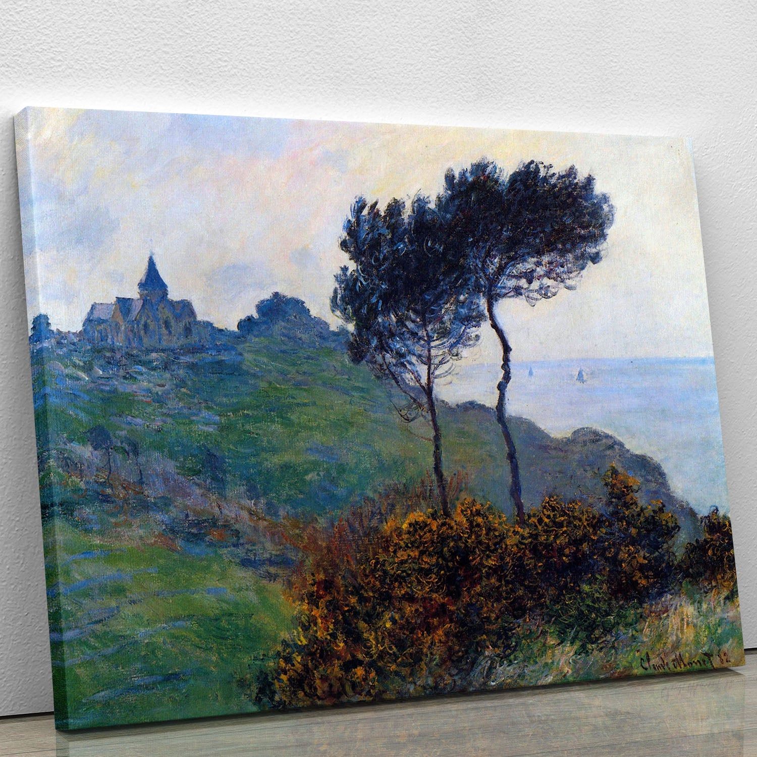 Canvas print of Church at Varengeville by Monet, showcasing vibrant colors and intricate details of the church in a serene landscape.