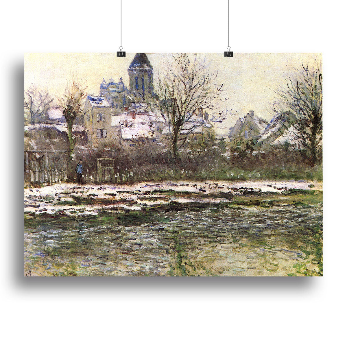 Canvas print of Church of Vetheuil in the snow by Monet, showcasing a serene winter landscape with a church and snow-covered trees.