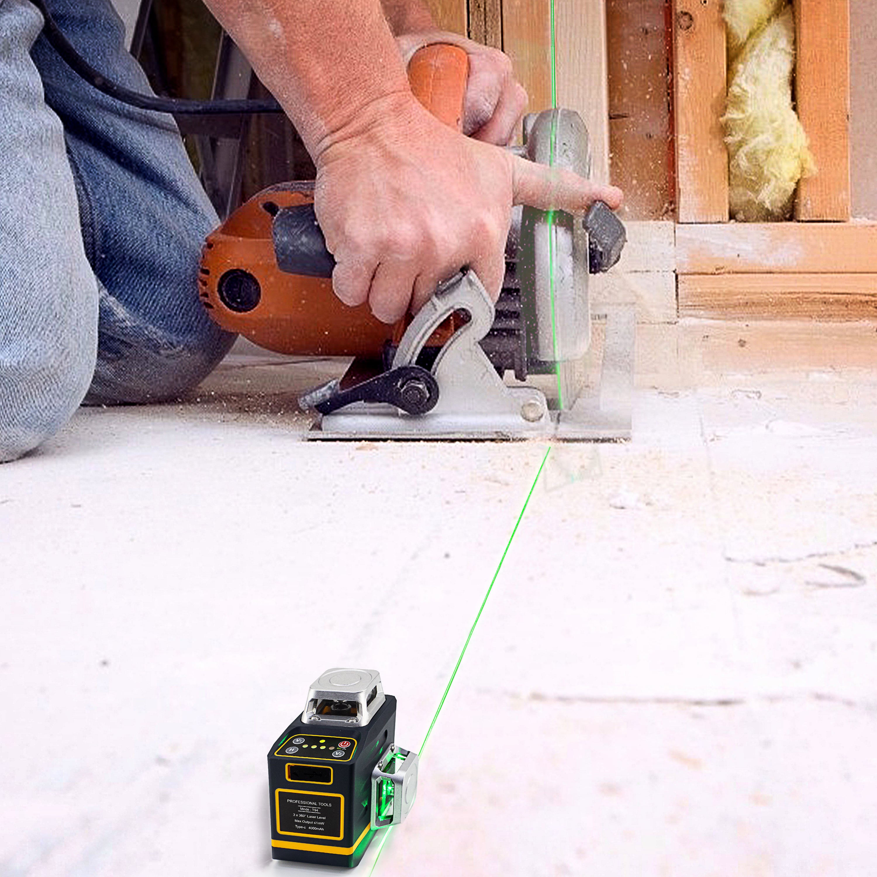 CIGMAN Laser Level Self Leveling 3x360° 3D Green Cross Line tool with remote control and accessories displayed.