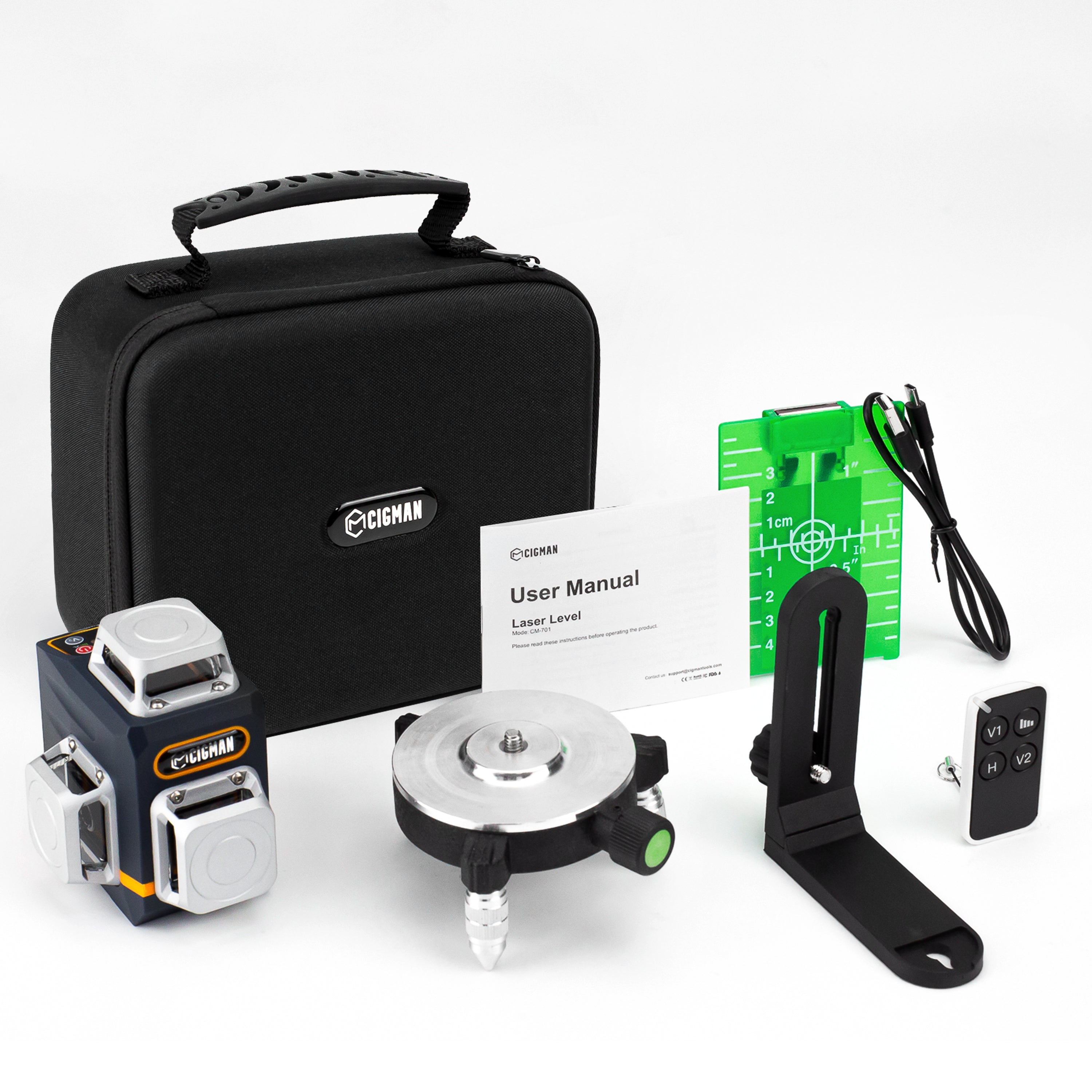 CIGMAN Laser Level Self Leveling 3x360° 3D Green Cross Line tool with remote control and accessories displayed.