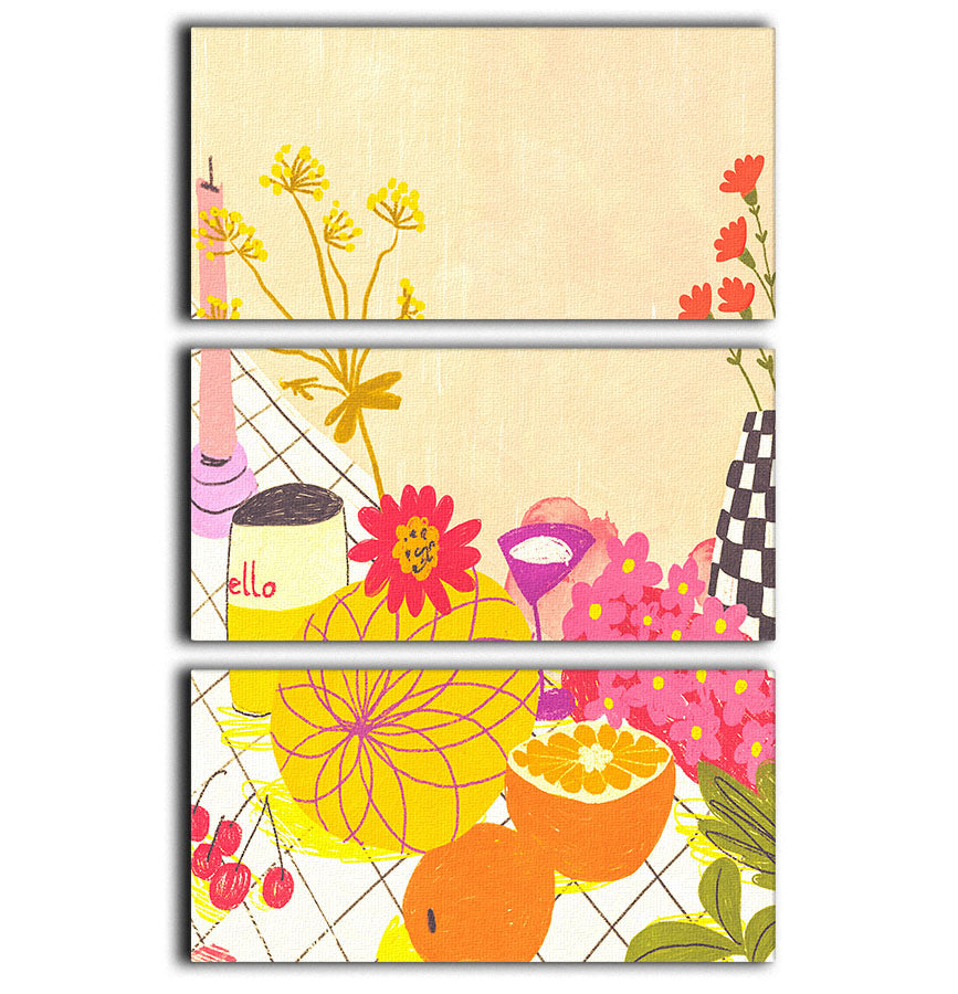Citrus and Flowers 3 Split Panel Canvas Print featuring vibrant floral designs in three panels, perfect for home decor.