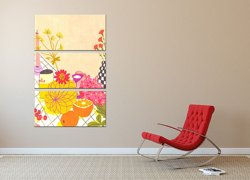 Citrus and Flowers 3 Split Panel Canvas Print featuring vibrant floral designs in three panels, perfect for home decor.