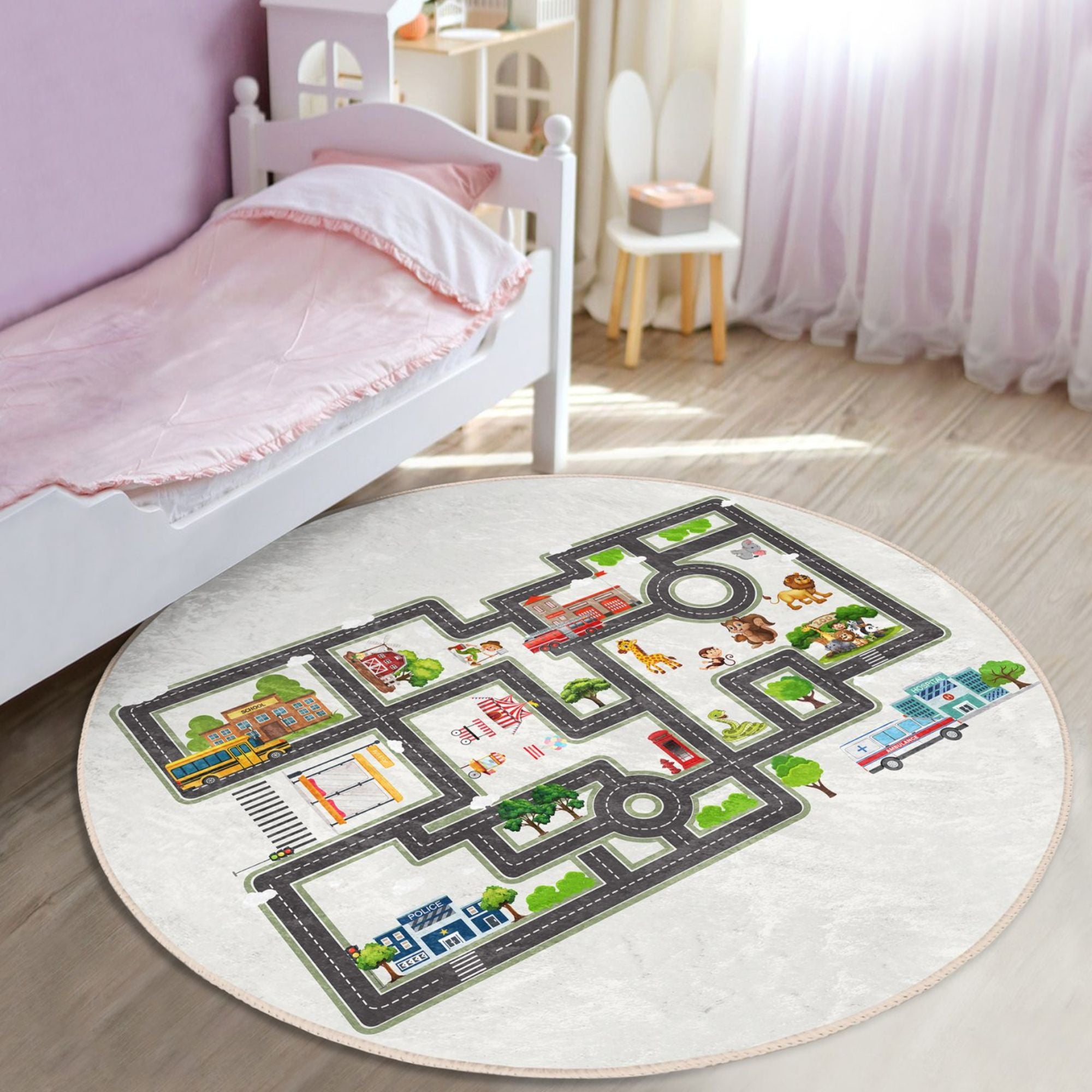 Colorful city map roads printed rug for kids, featuring roads and buildings, perfect for imaginative play and washable for easy cleaning.