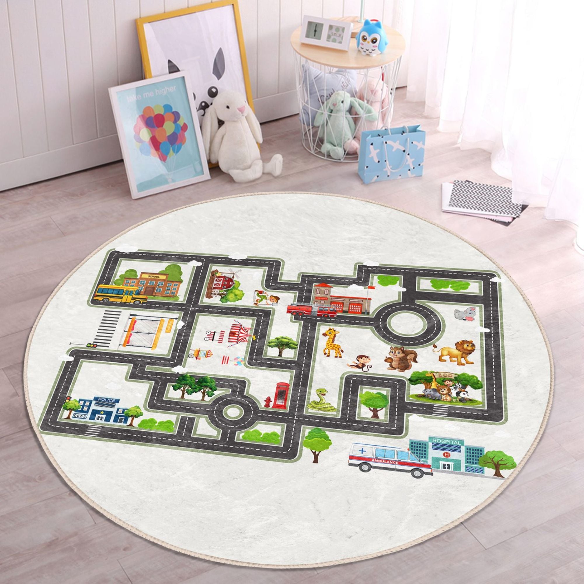 Colorful city map roads printed rug for kids, featuring roads and buildings, perfect for imaginative play and washable for easy cleaning.