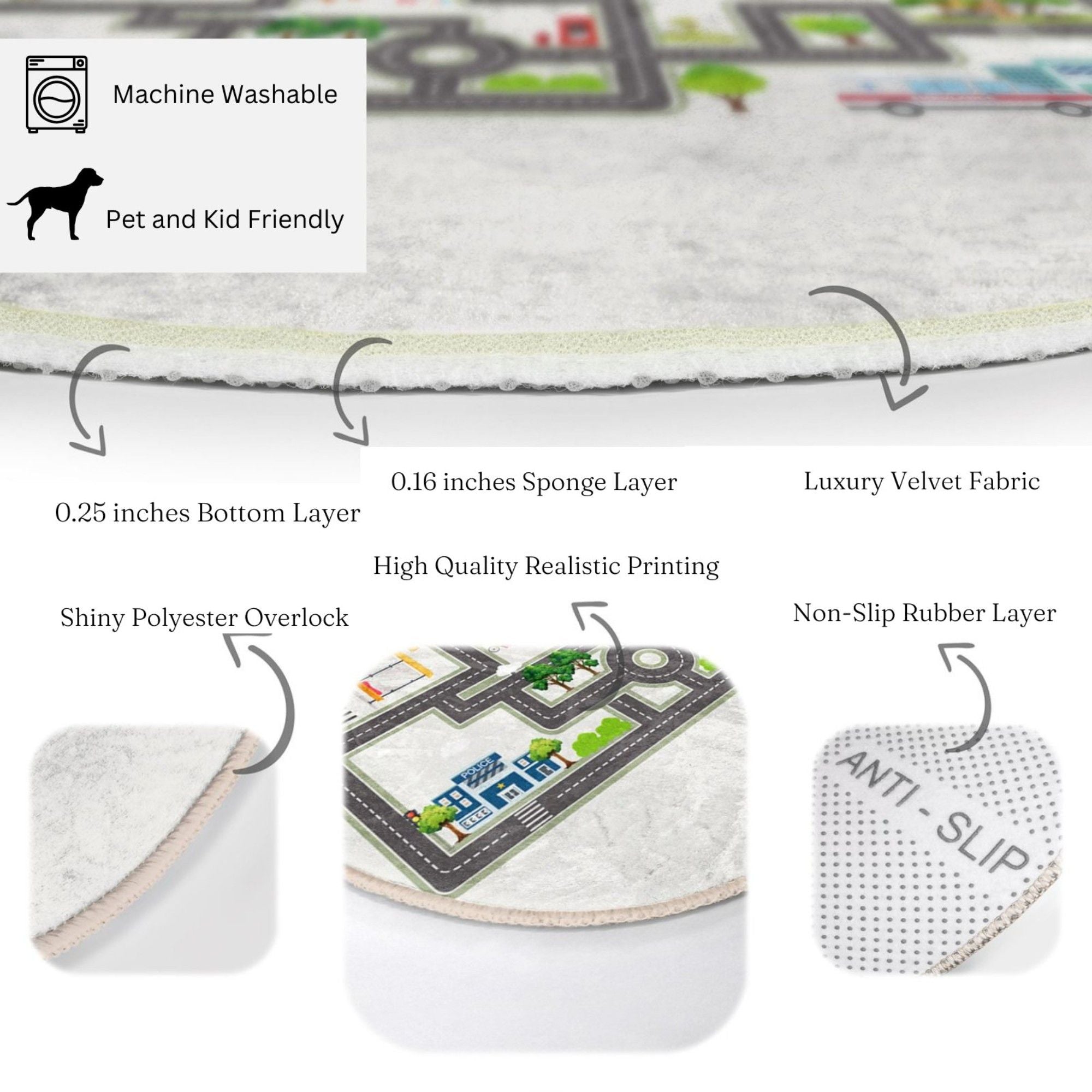 Colorful city map roads printed rug for kids, featuring roads and buildings, perfect for imaginative play and washable for easy cleaning.