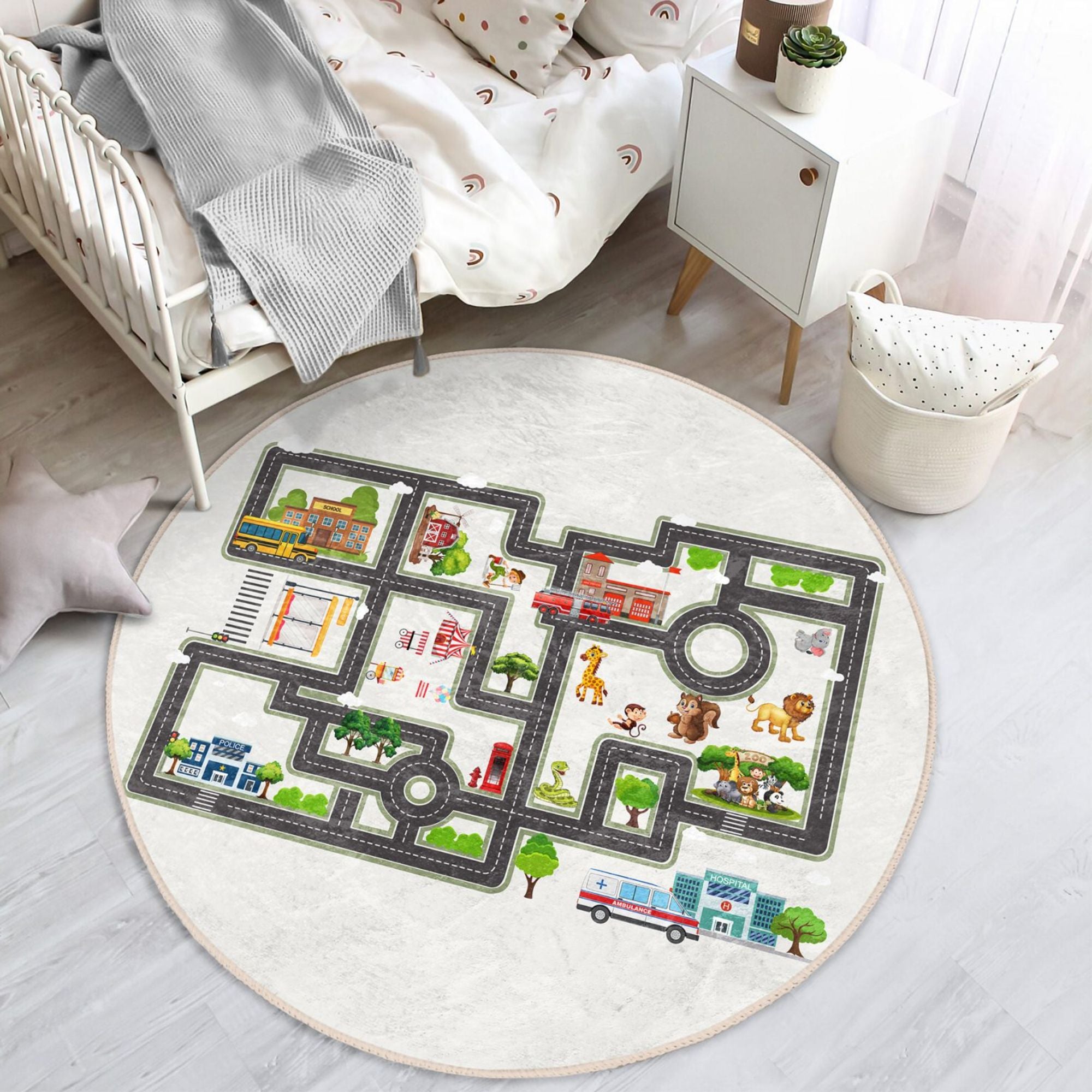 Colorful city map roads printed rug for kids, featuring roads and buildings, perfect for imaginative play and washable for easy cleaning.