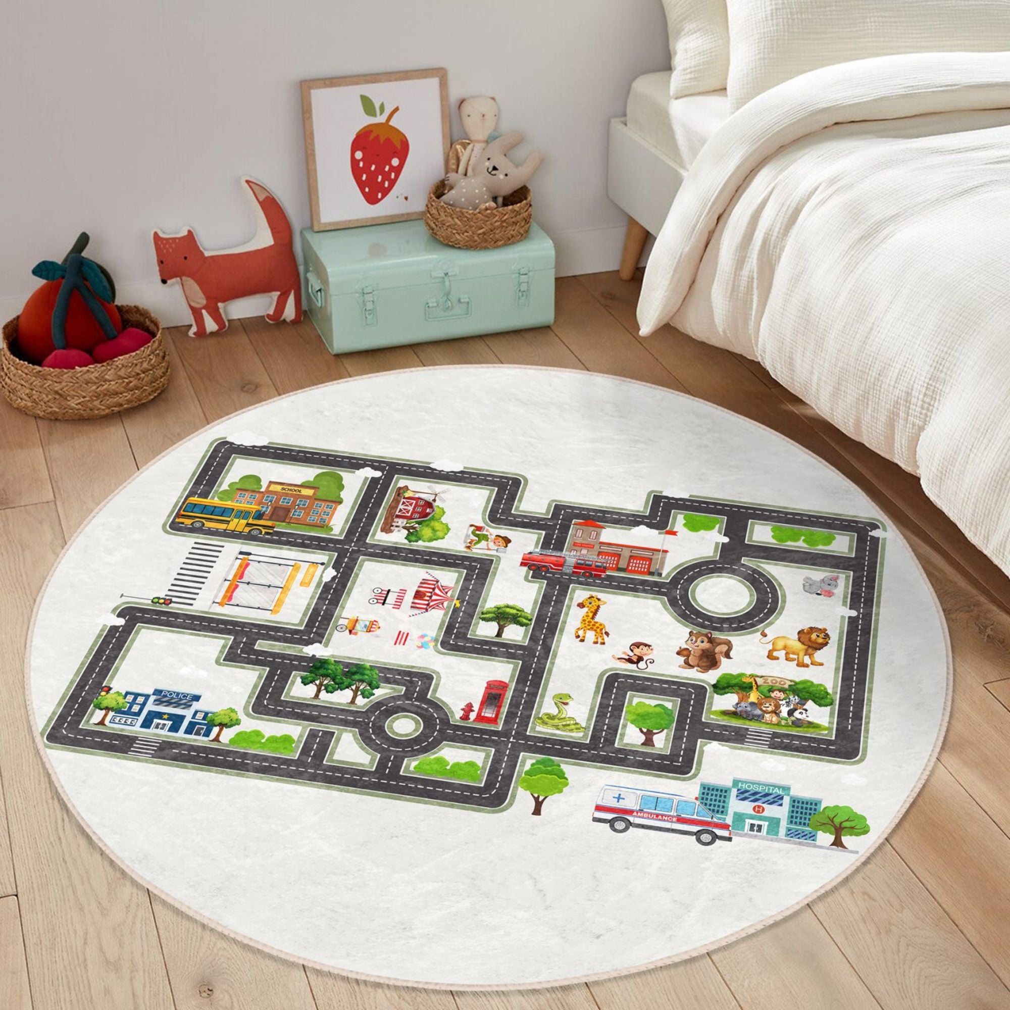 Colorful city map roads printed rug for kids, featuring roads and buildings, perfect for imaginative play and washable for easy cleaning.